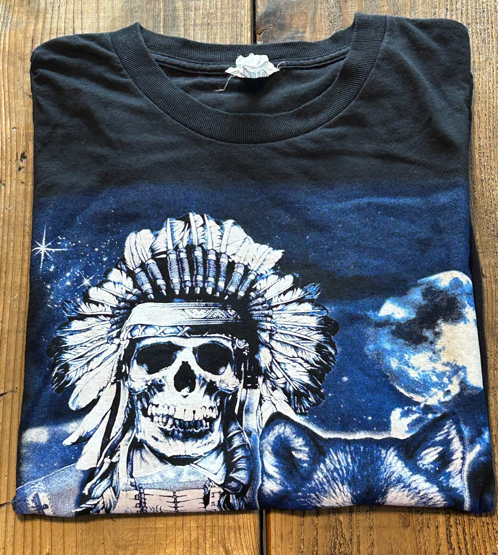★ALSTYLEスカルインディアン＆ウルフプリントＴシャツ黒ブラックＬ★カレッジミリタリーアメカジ★古着屋オクトパスホールド★