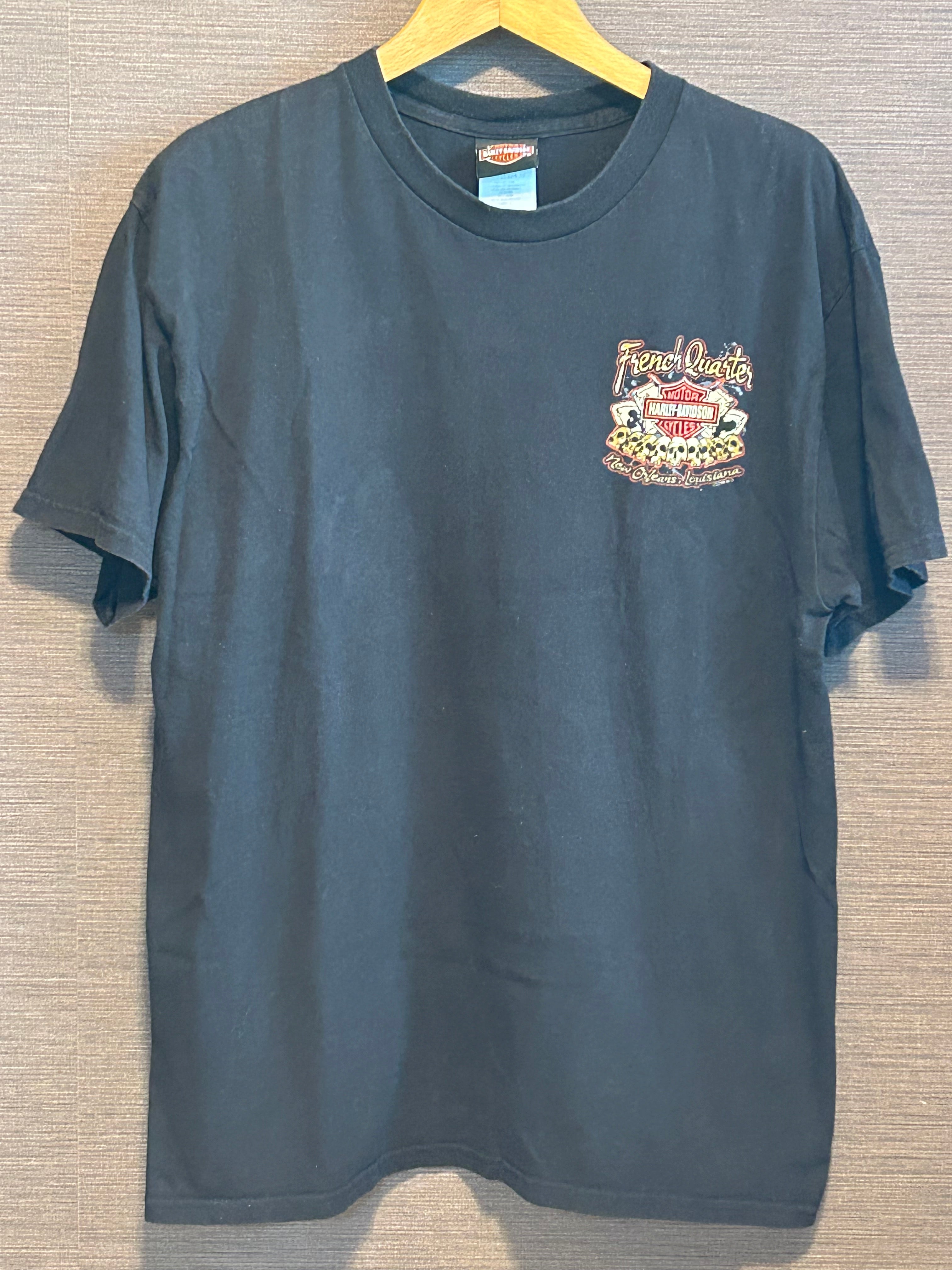 ★HARLEY DAVIDSONハーレーダビッドソンスカル＆トランプ＆ブードゥー教プリントＴシャツ黒ブラックＬ★古着屋オクトパスホールド★