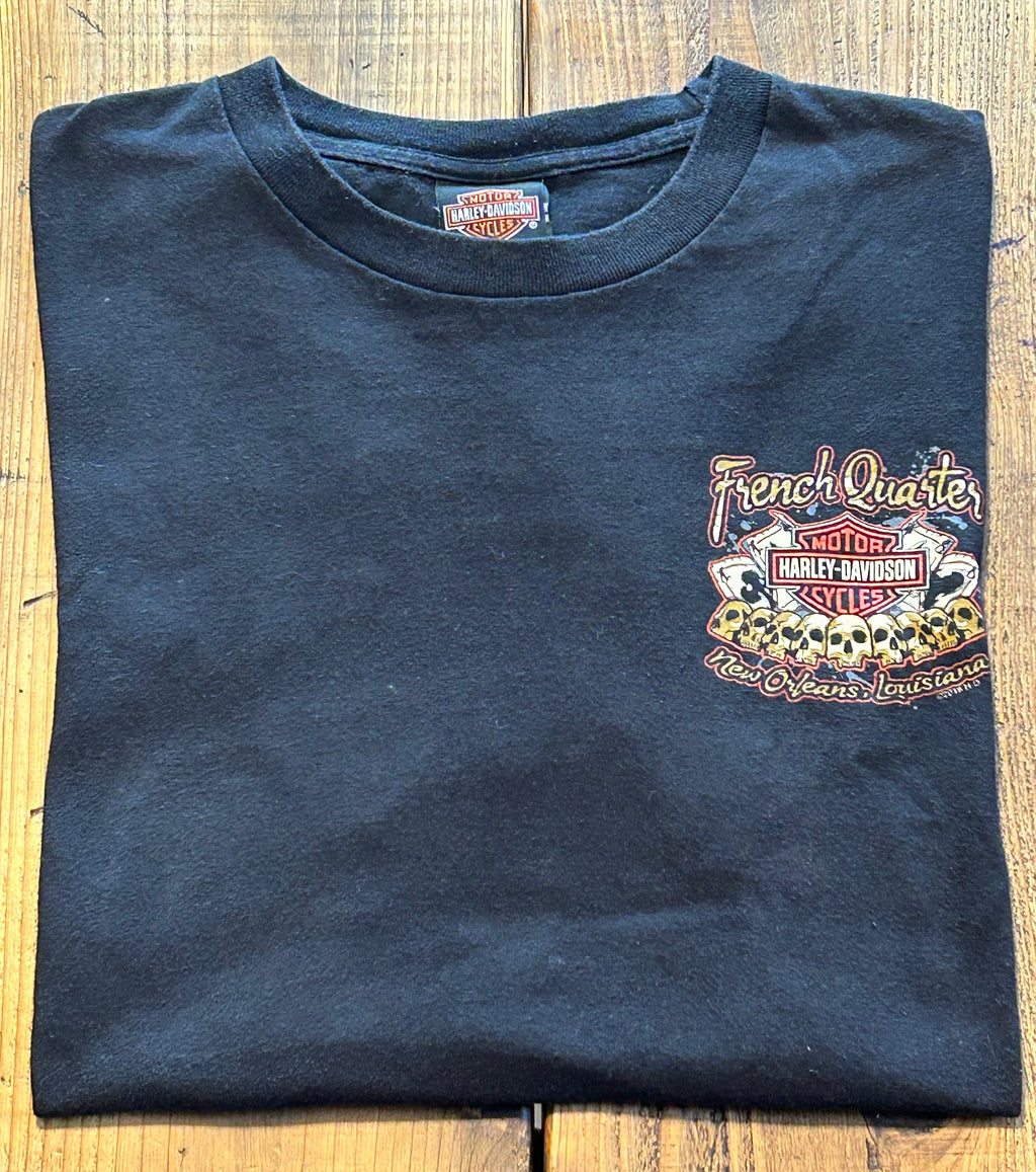 ★HARLEY DAVIDSONハーレーダビッドソンスカル＆トランプ＆ブードゥー教プリントＴシャツ黒ブラックＬ★古着屋オクトパスホールド★