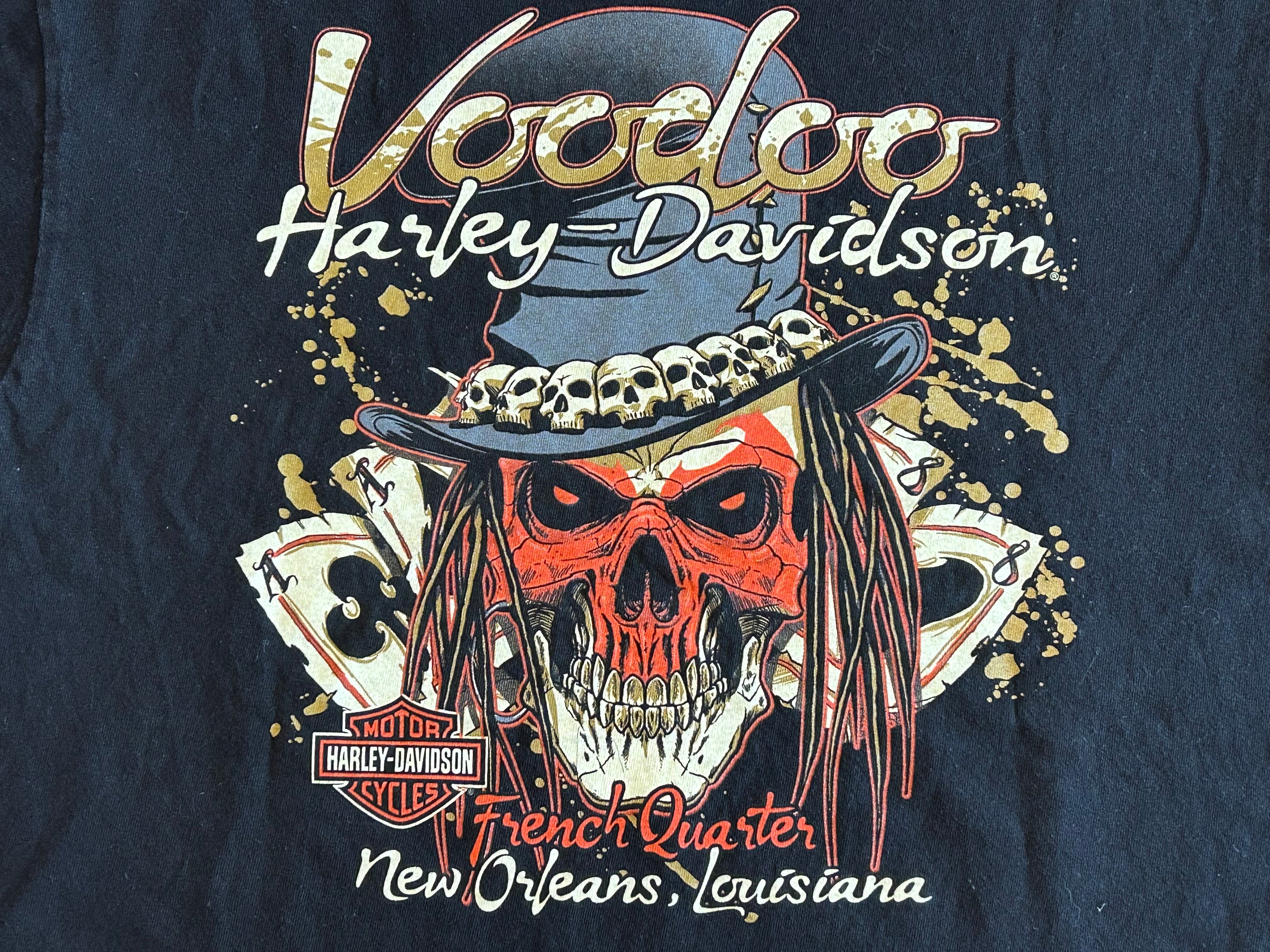 ★HARLEY DAVIDSONハーレーダビッドソンスカル＆トランプ＆ブードゥー教プリントＴシャツ黒ブラックＬ★古着屋オクトパスホールド★