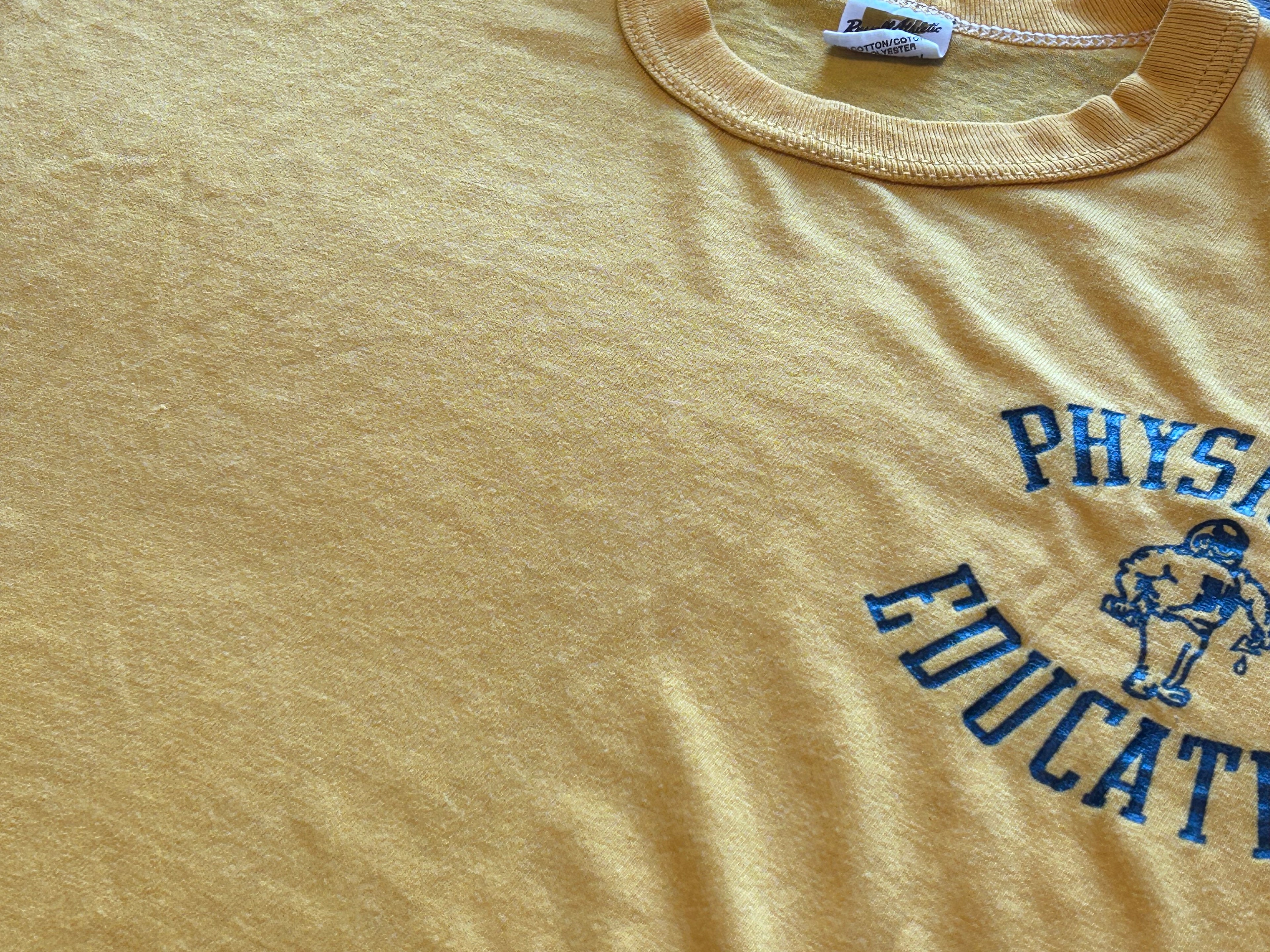 ★RUSSELLラッセルＵＳＡ製アメリカ製ヴィンテージカレッジプリントＴシャツ黄イエローＬ★ミリタリーアメカジ古着屋オクトパスホールド★