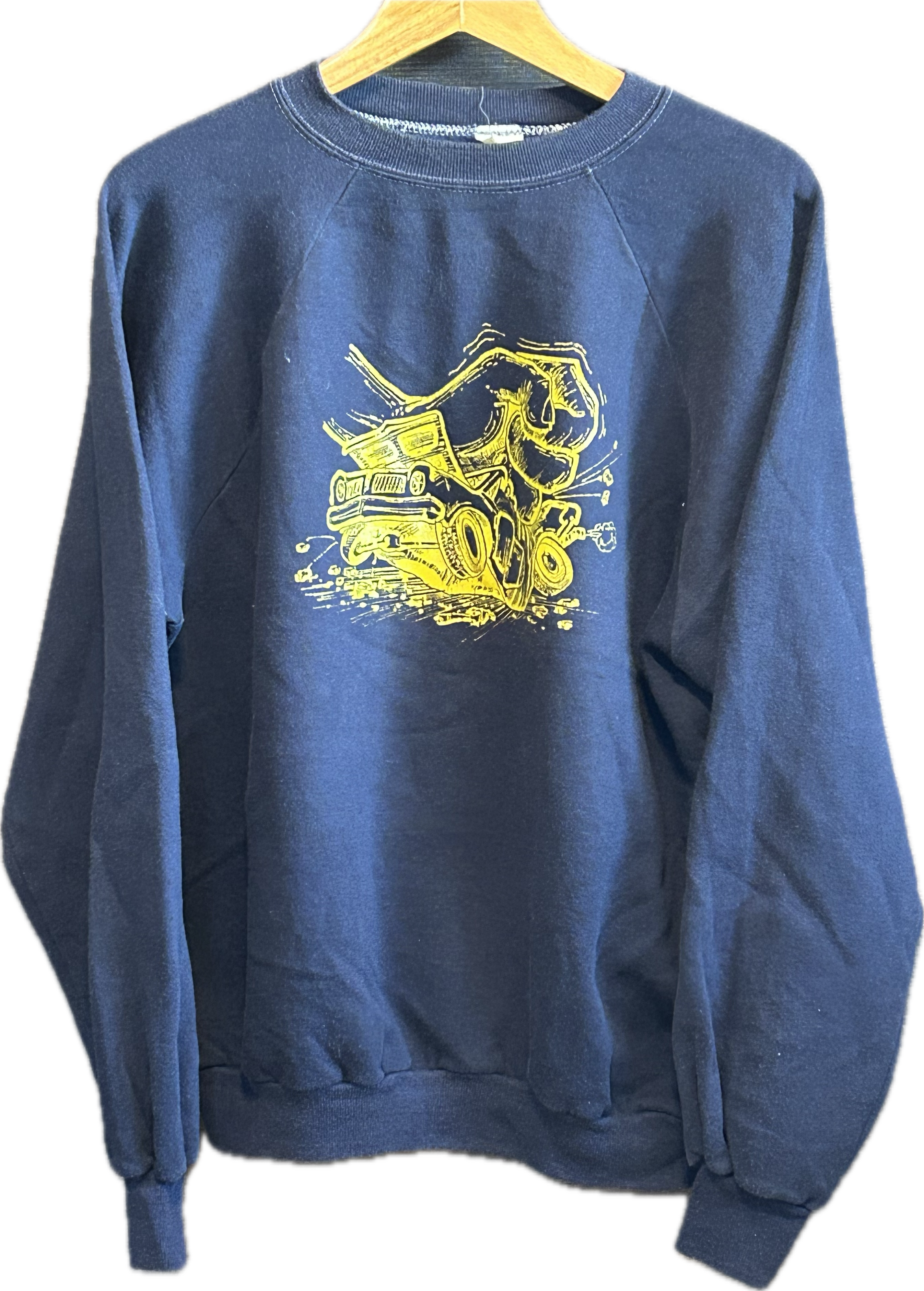 ★SPORTSWEARスポーツウェアRUSSELLラッセルＵＳＡ製アメリカ製ヴィンテージスクラップカープリントスウェットシャツ紺ネイビーＸＬ★古着屋オクトパスホールド★
