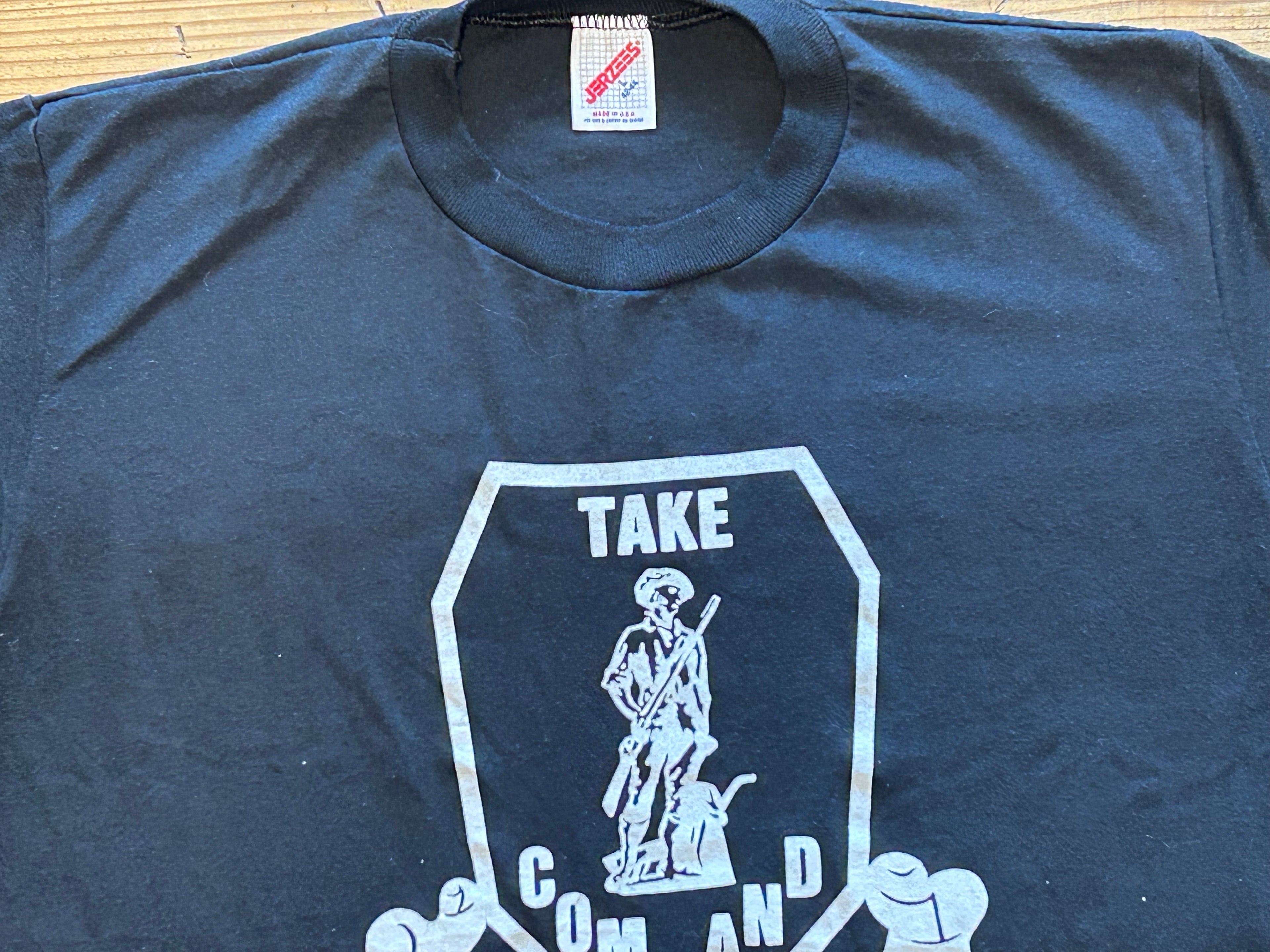 ★JERZEESジャージーズUSA製アメリカ製ヴィンテージミリタリーＴシャツ黒ブラックＬ★カレッジアメカジ★古着屋オクトパスホールド★