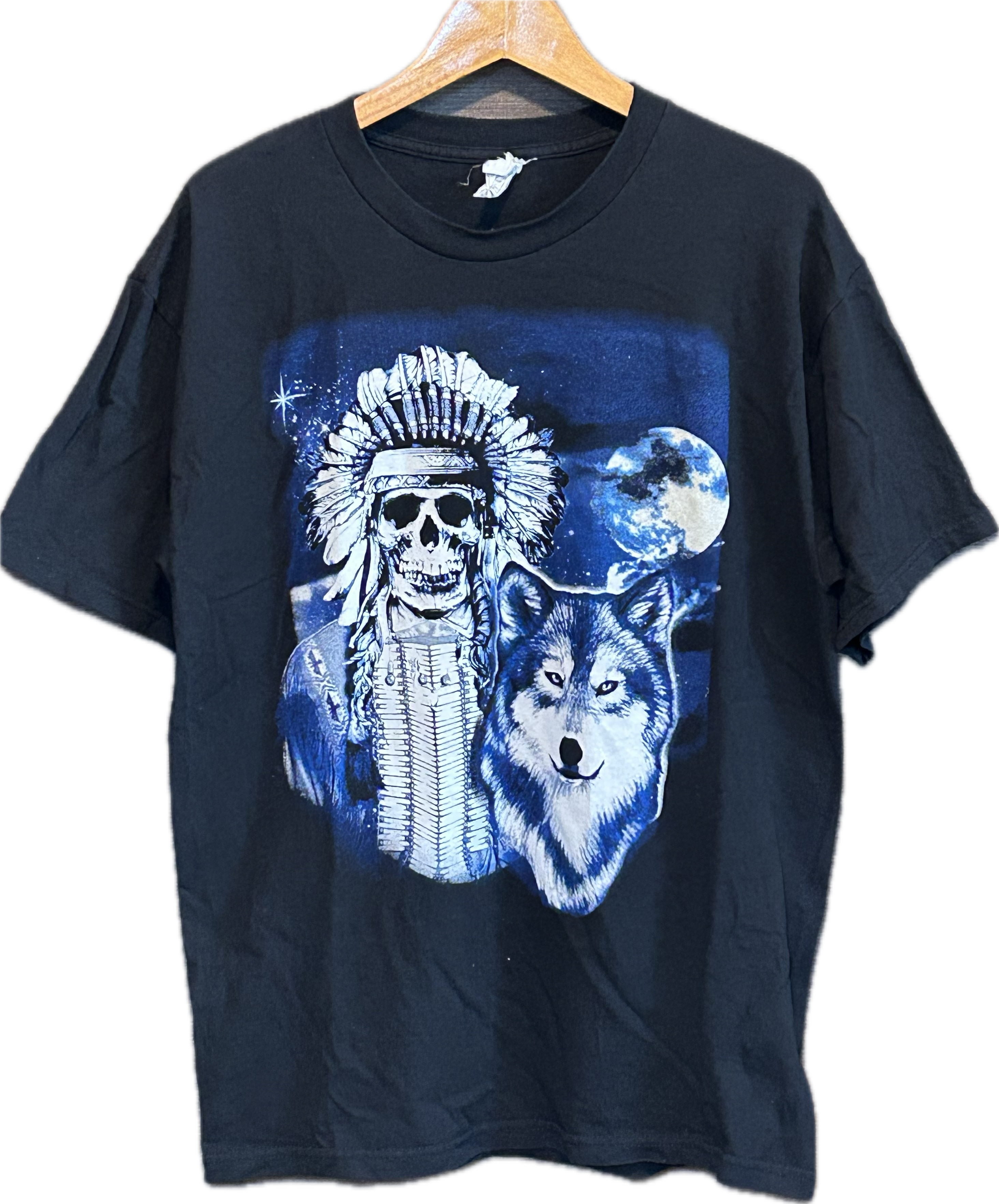 ★ALSTYLEスカルインディアン＆ウルフプリントＴシャツ黒ブラックＬ★カレッジミリタリーアメカジ★古着屋オクトパスホールド★