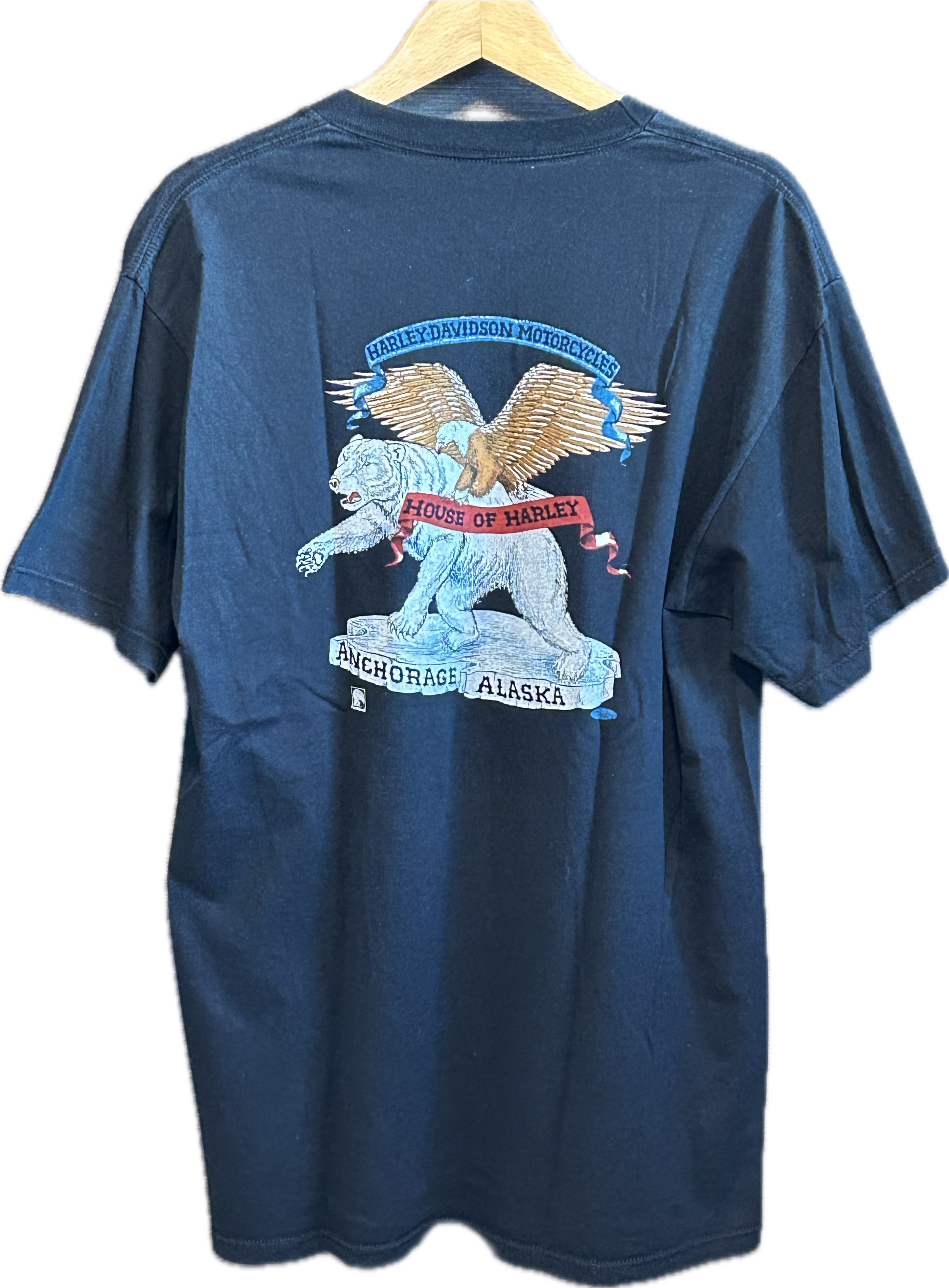 ★HARLEY DAVIDSONハーレーダビッドソンＵＳＡ製アメリカ製80s90sヴィンテージアラスカグリズリーＴシャツ黒Ｌ★古着屋オクトパスホールド★