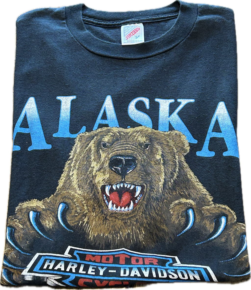 ★HARLEY DAVIDSONハーレーダビッドソンＵＳＡ製アメリカ製80s90sヴィンテージアラスカグリズリーＴシャツ黒Ｌ★古着屋オクトパスホールド★