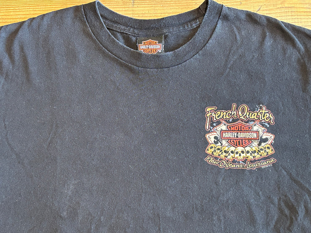 ★HARLEY DAVIDSONハーレーダビッドソンスカル＆トランプ＆ブードゥー教プリントＴシャツ黒ブラックＬ★古着屋オクトパスホールド★