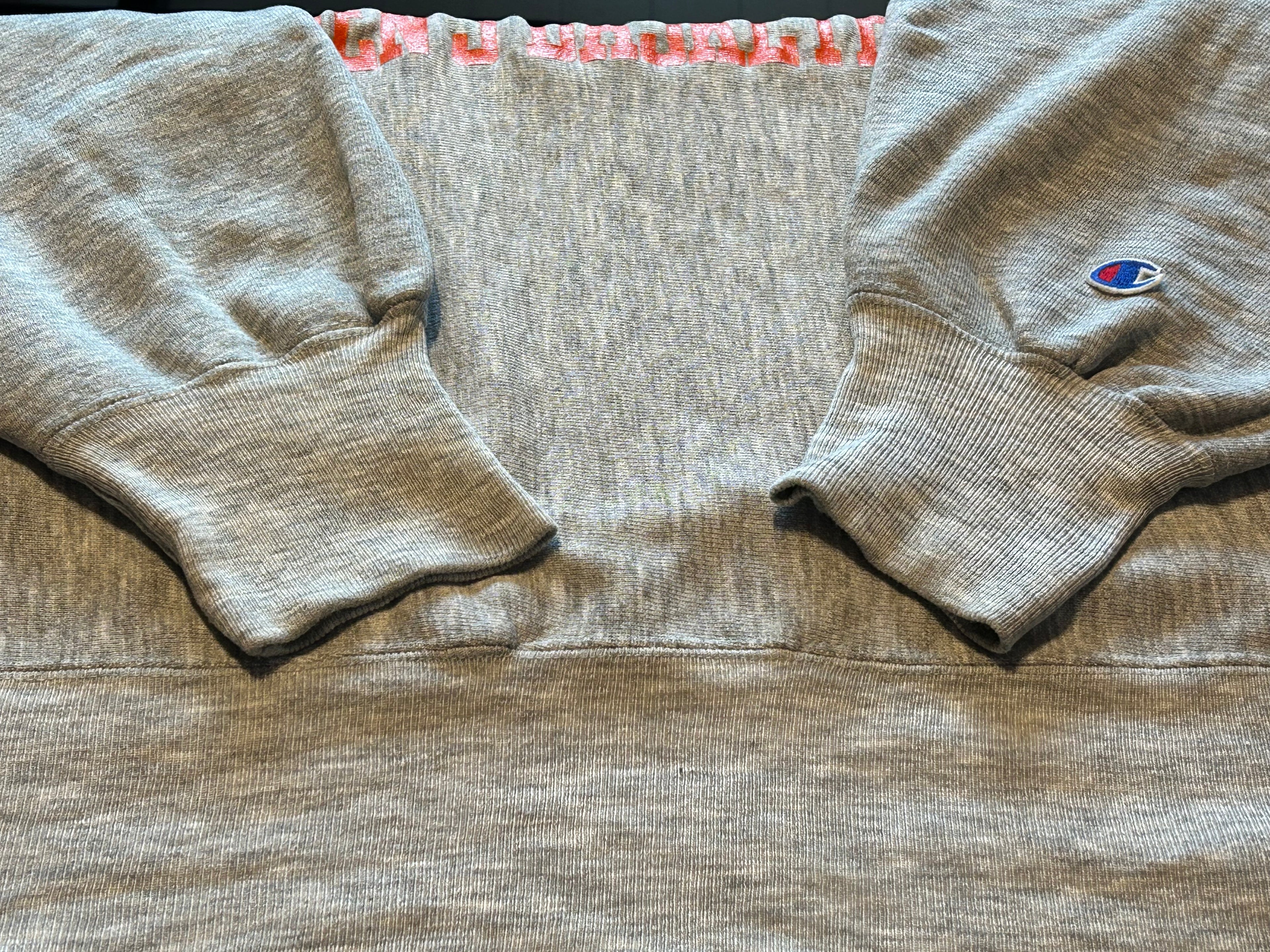 ★CHAMPIONチャンピオン刺繍タグヴィンテージリバースウィーブカレッジ３段プリントスウェットオレンジＬ★古着屋オクトパスホールド★