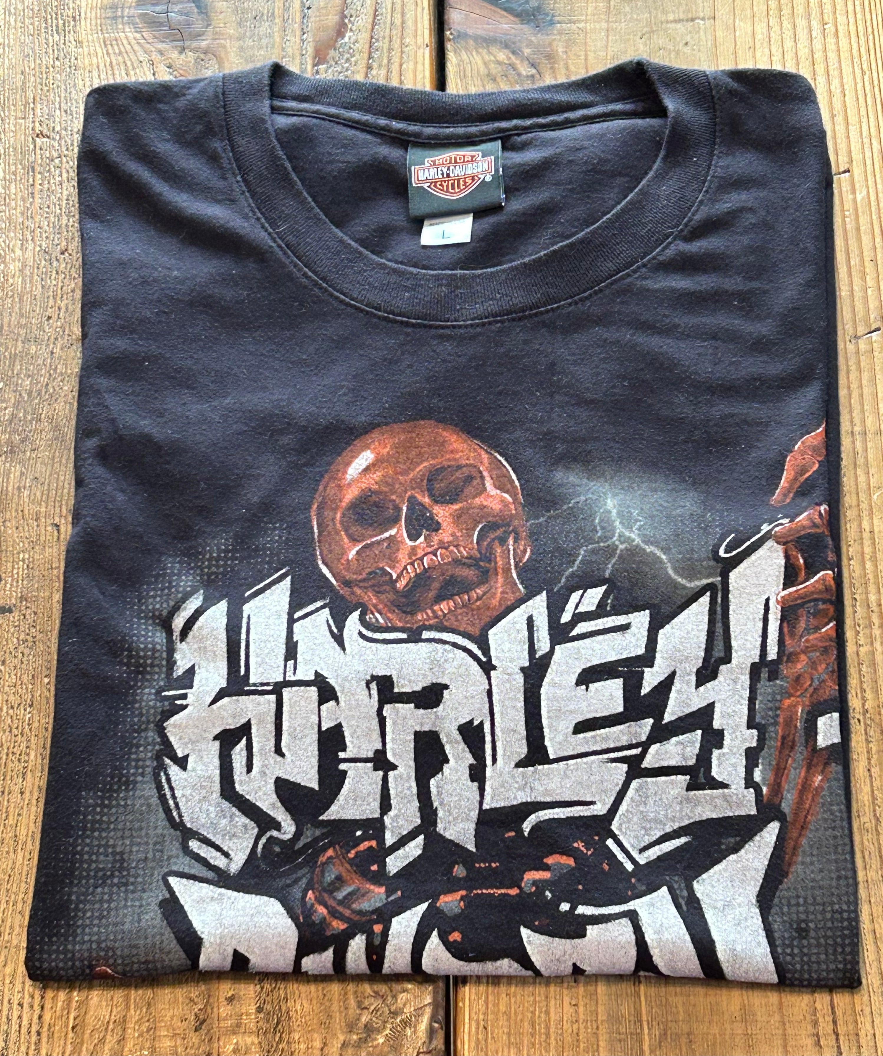 ★HARLEY DAVIDSONハーレーダビッドソンＵＳＡ製アメリカ製レッドスカル＆ローンスターＴシャツ黒ブラックＬ★古着屋オクトパスホールド★