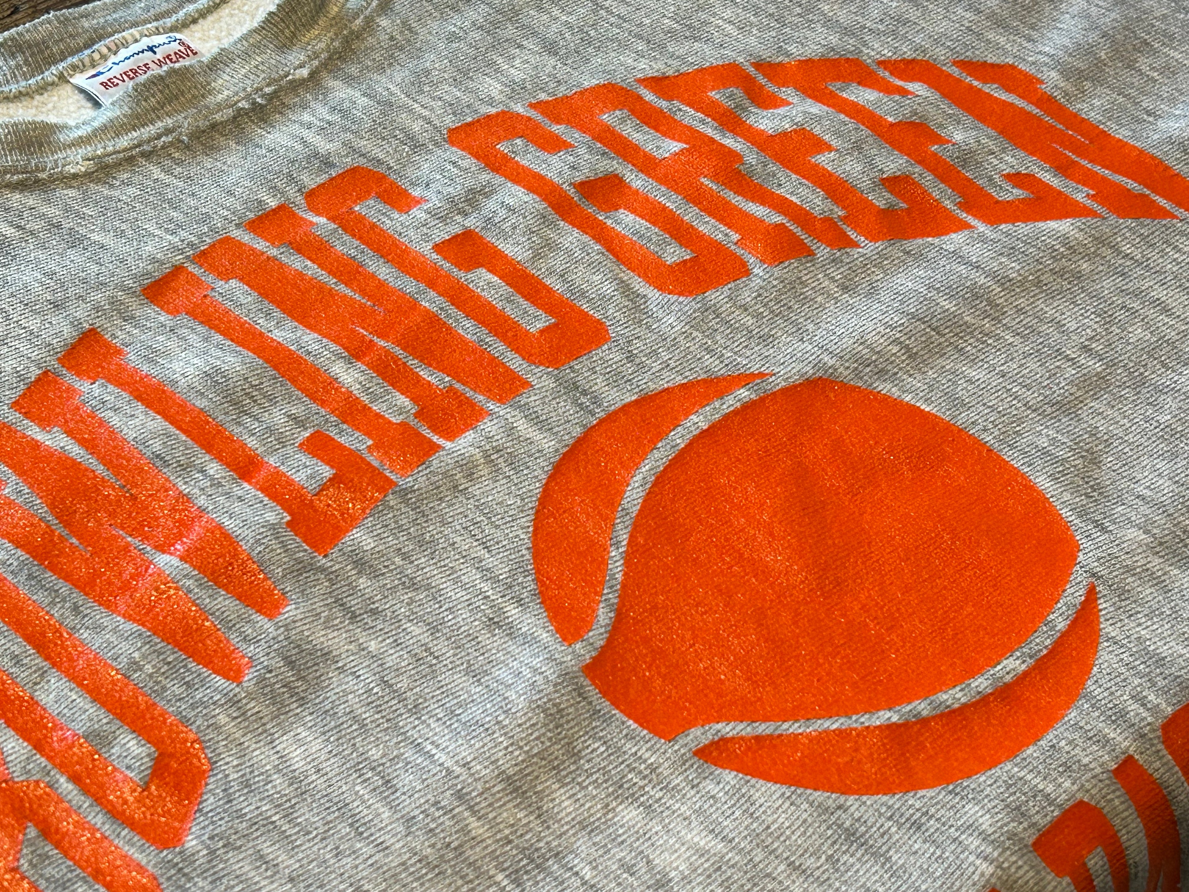 ★CHAMPIONチャンピオン刺繍タグヴィンテージリバースウィーブカレッジ３段プリントスウェットオレンジＬ★古着屋オクトパスホールド★