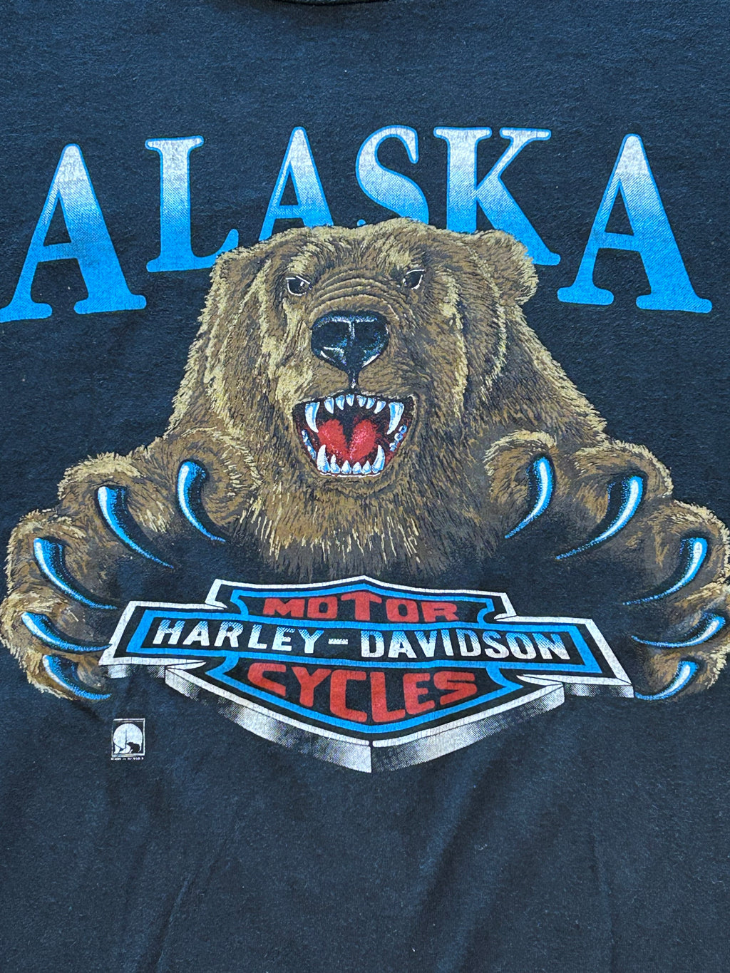 ★HARLEY DAVIDSONハーレーダビッドソンＵＳＡ製アメリカ製80s90sヴィンテージアラスカグリズリーＴシャツ黒Ｌ★古着屋オクトパスホールド★
