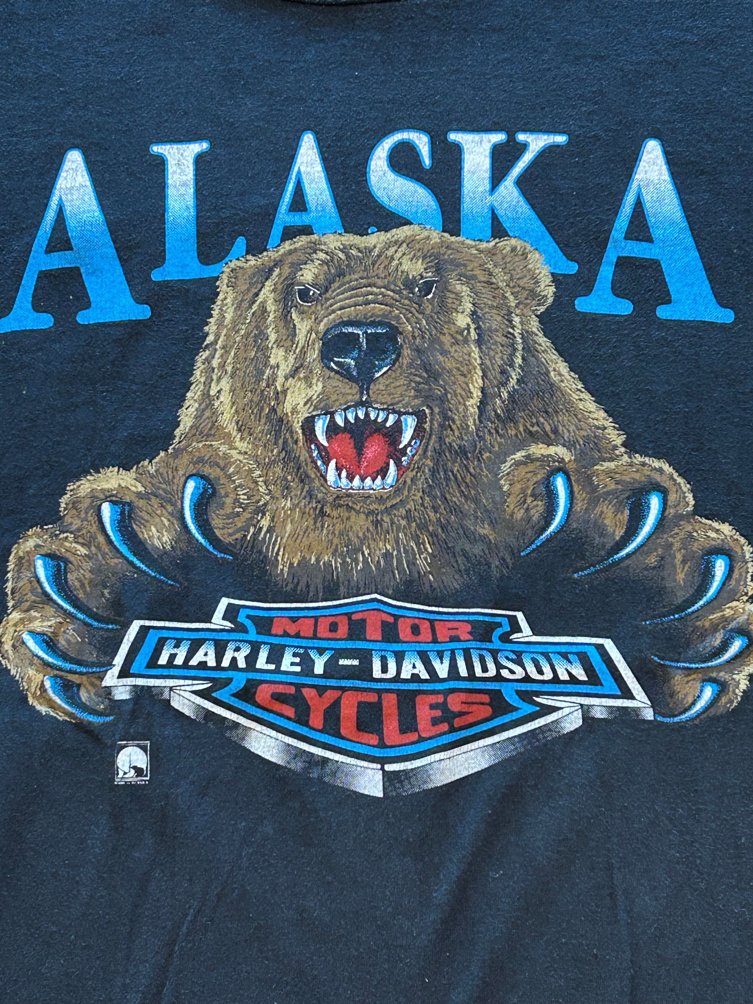 ★HARLEY DAVIDSONハーレーダビッドソンＵＳＡ製アメリカ製80s90sヴィンテージアラスカグリズリーＴシャツ黒Ｌ★古着屋オクトパスホールド★