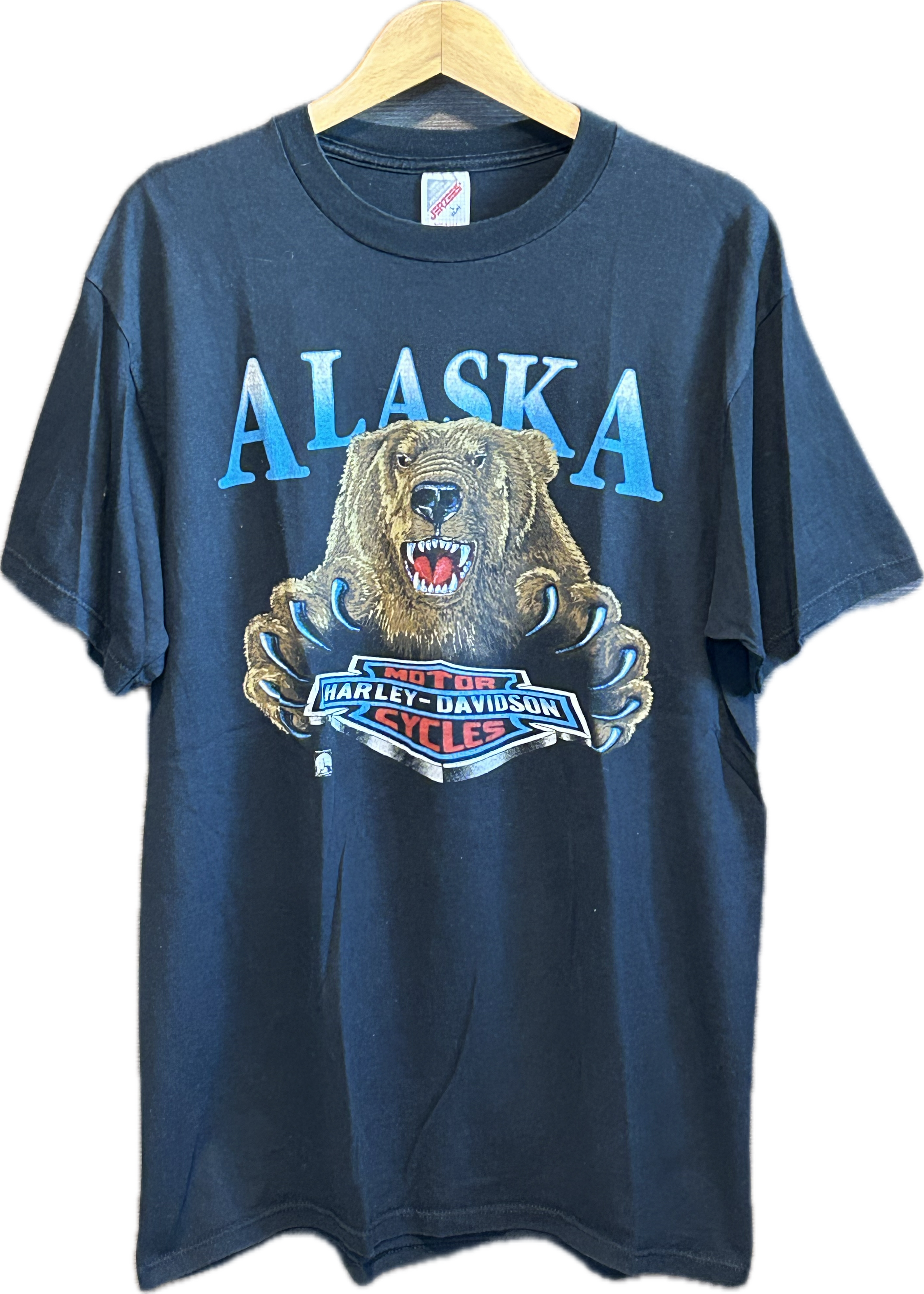 ★HARLEY DAVIDSONハーレーダビッドソンＵＳＡ製アメリカ製80s90sヴィンテージアラスカグリズリーＴシャツ黒Ｌ★古着屋オクトパスホールド★