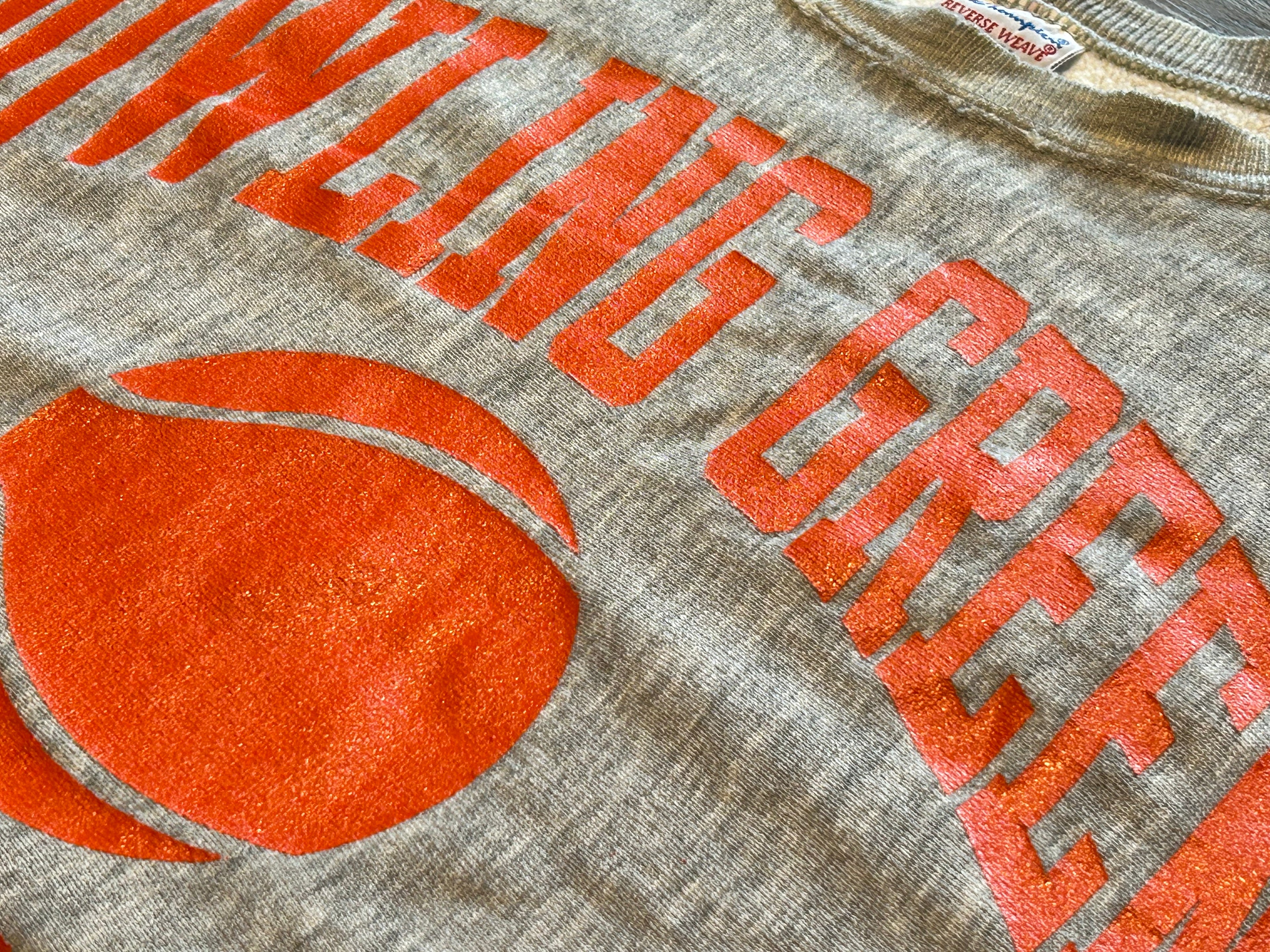 ★CHAMPIONチャンピオン刺繍タグヴィンテージリバースウィーブカレッジ３段プリントスウェットオレンジＬ★古着屋オクトパスホールド★