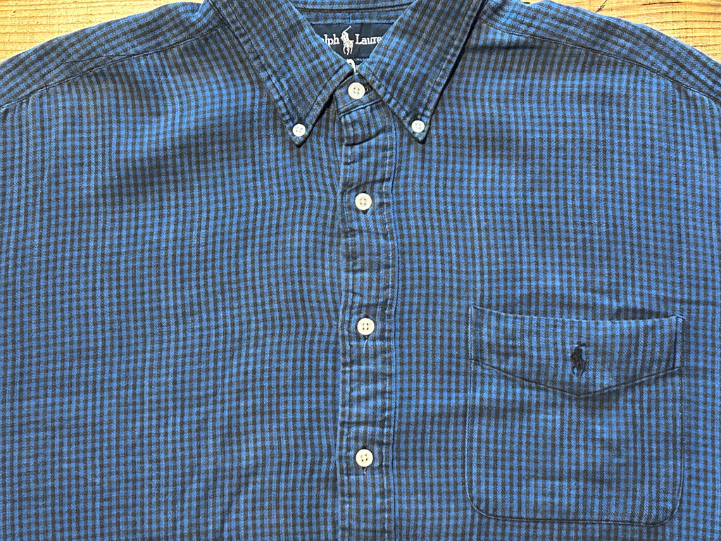 ★RALPH LAURENラルフローレンヴィンテージブレアチェックシャツ青黒ＸＬ★RRLポロPOLOラグビーRUGBYラグビー★古着屋オクトパスホールド★