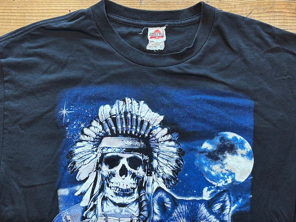 ★ALSTYLEスカルインディアン＆ウルフプリントＴシャツ黒ブラックＬ★カレッジミリタリーアメカジ★古着屋オクトパスホールド★