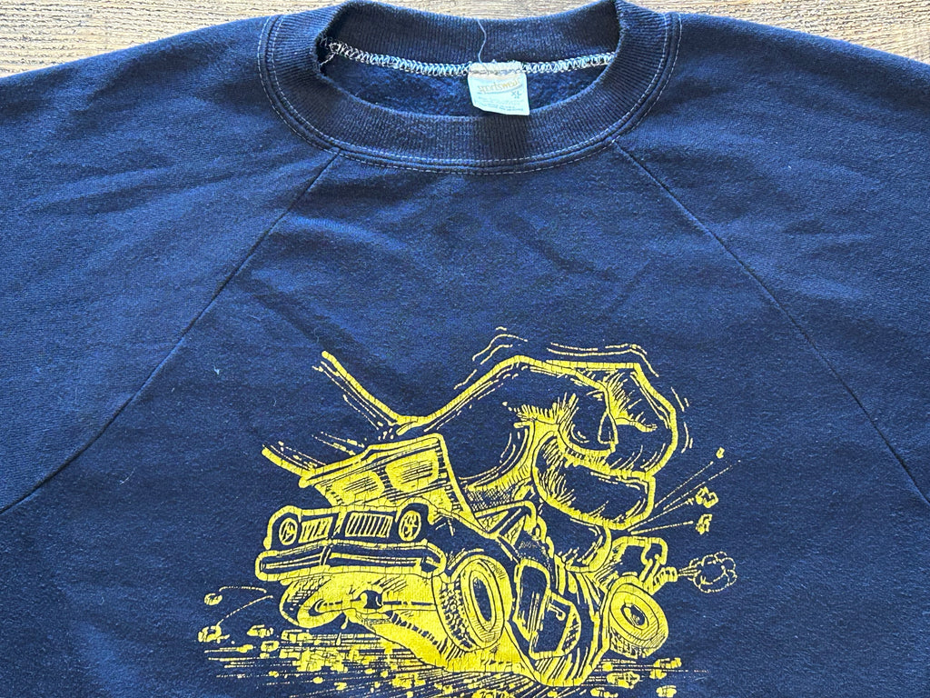 ★SPORTSWEARスポーツウェアRUSSELLラッセルＵＳＡ製アメリカ製ヴィンテージスクラップカープリントスウェットシャツ紺ネイビーＸＬ★古着屋オクトパスホールド★