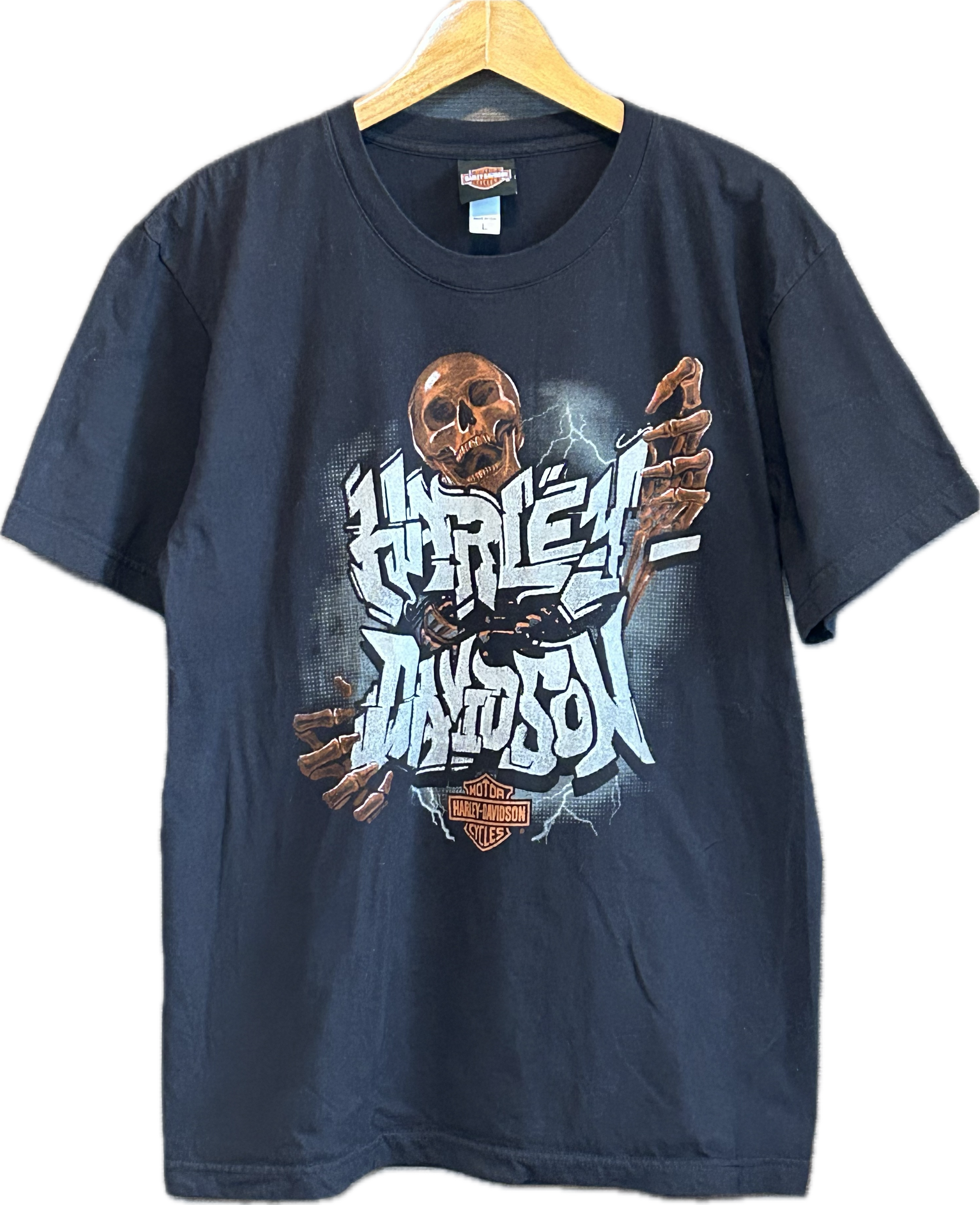 ★HARLEY DAVIDSONハーレーダビッドソンＵＳＡ製アメリカ製レッドスカル＆ローンスターＴシャツ黒ブラックＬ★古着屋オクトパスホールド★