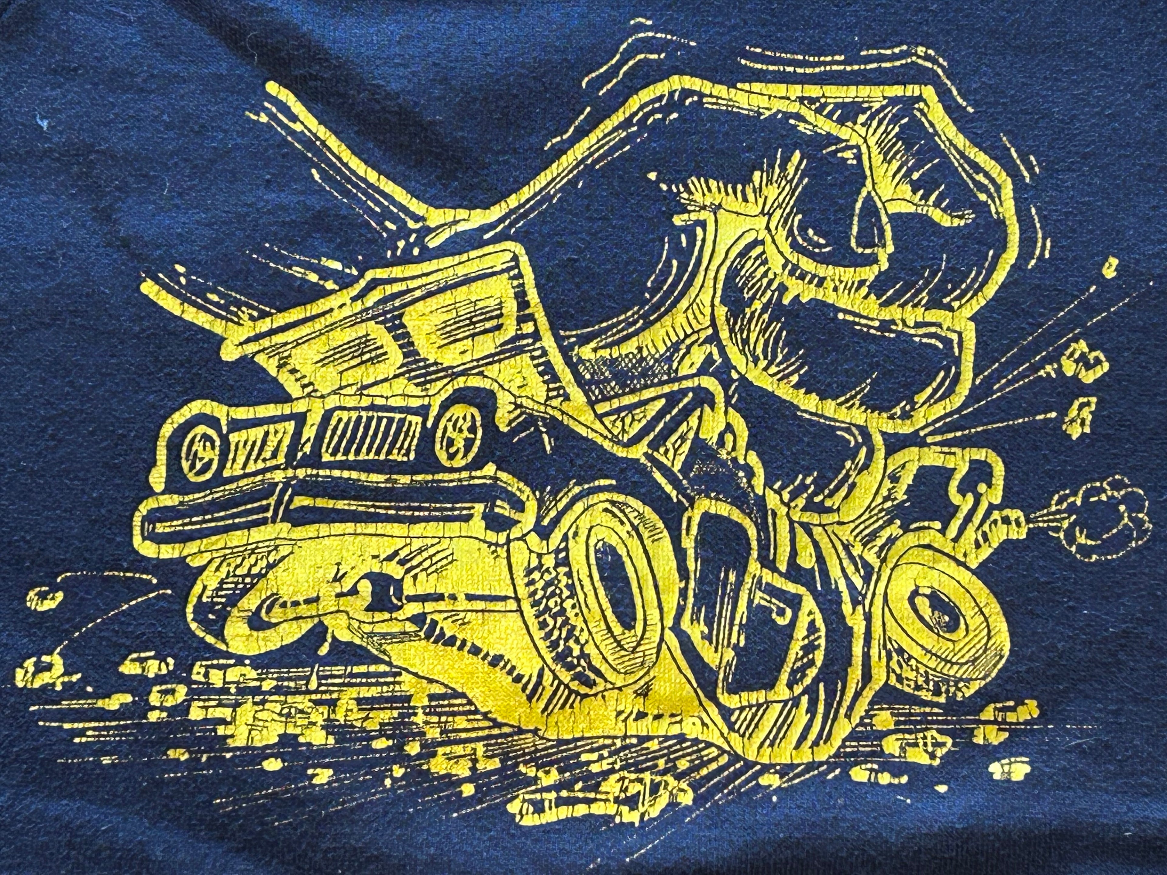 ★SPORTSWEARスポーツウェアRUSSELLラッセルＵＳＡ製アメリカ製ヴィンテージスクラップカープリントスウェットシャツ紺ネイビーＸＬ★古着屋オクトパスホールド★