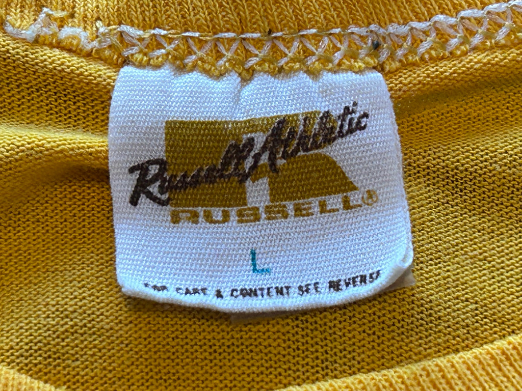 ★RUSSELLラッセルＵＳＡ製アメリカ製ヴィンテージカレッジプリントＴシャツ黄イエローＬ★ミリタリーアメカジ古着屋オクトパスホールド★