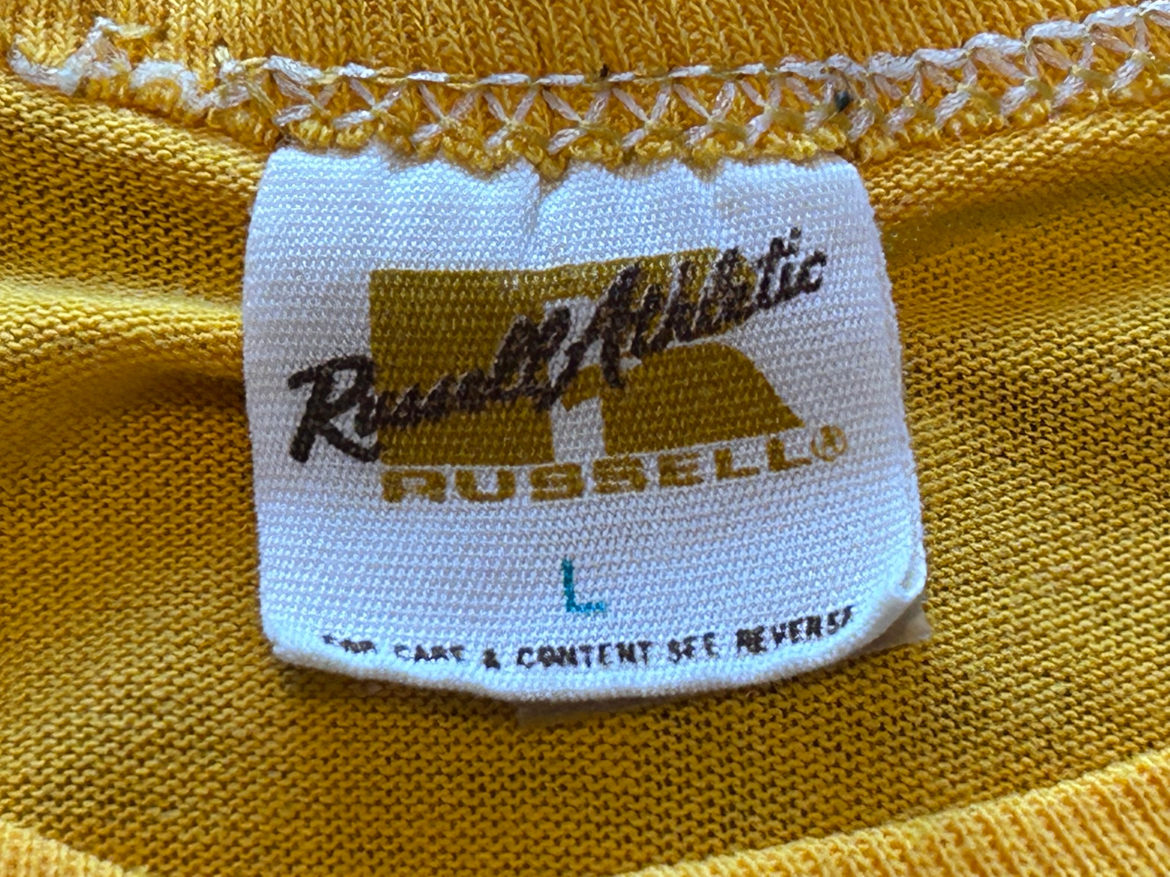 ★RUSSELLラッセルＵＳＡ製アメリカ製ヴィンテージカレッジプリントＴシャツ黄イエローＬ★ミリタリーアメカジ古着屋オクトパスホールド★