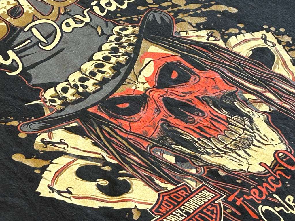 ★HARLEY DAVIDSONハーレーダビッドソンスカル＆トランプ＆ブードゥー教プリントＴシャツ黒ブラックＬ★古着屋オクトパスホールド★