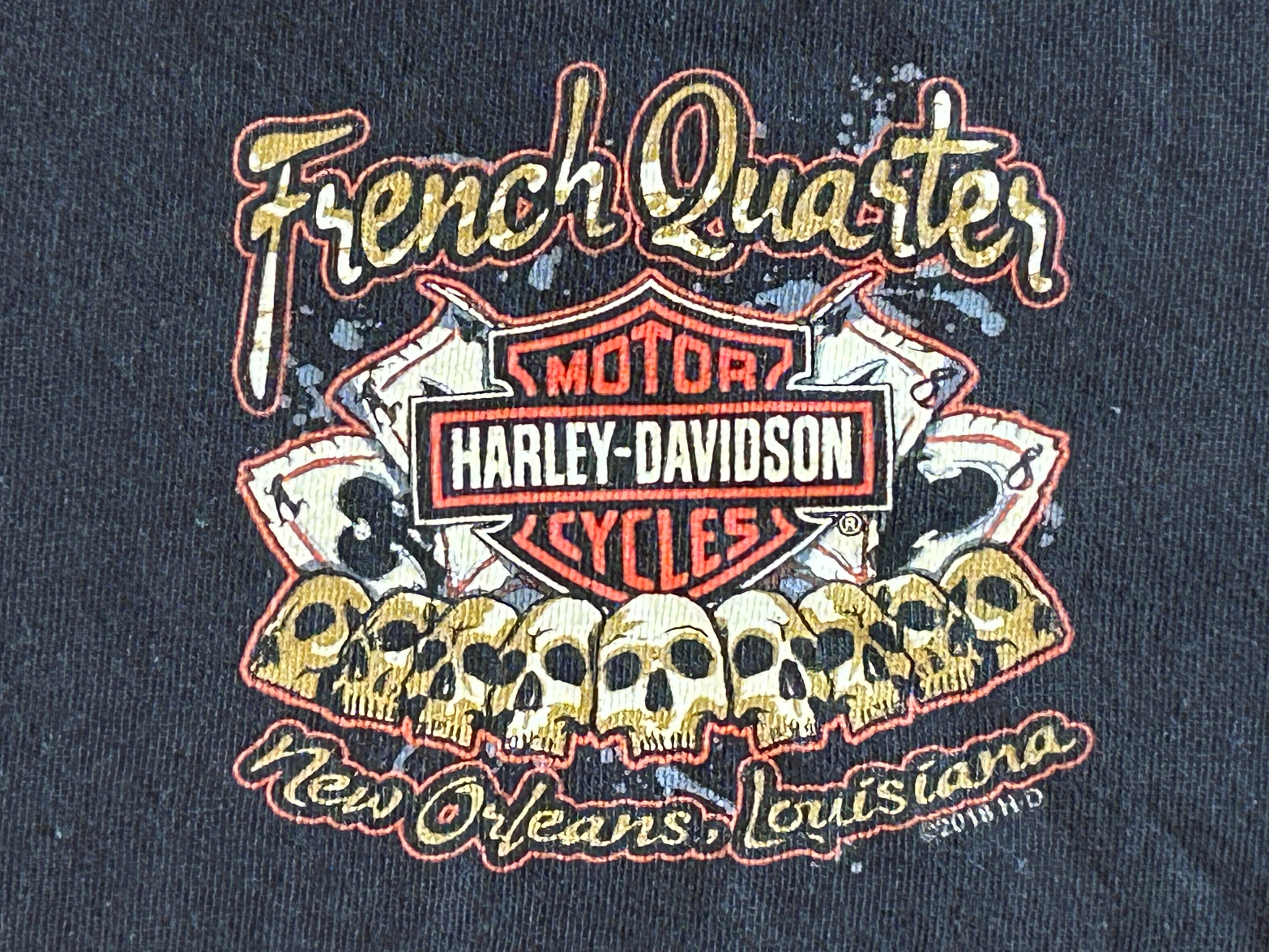 ★HARLEY DAVIDSONハーレーダビッドソンスカル＆トランプ＆ブードゥー教プリントＴシャツ黒ブラックＬ★古着屋オクトパスホールド★