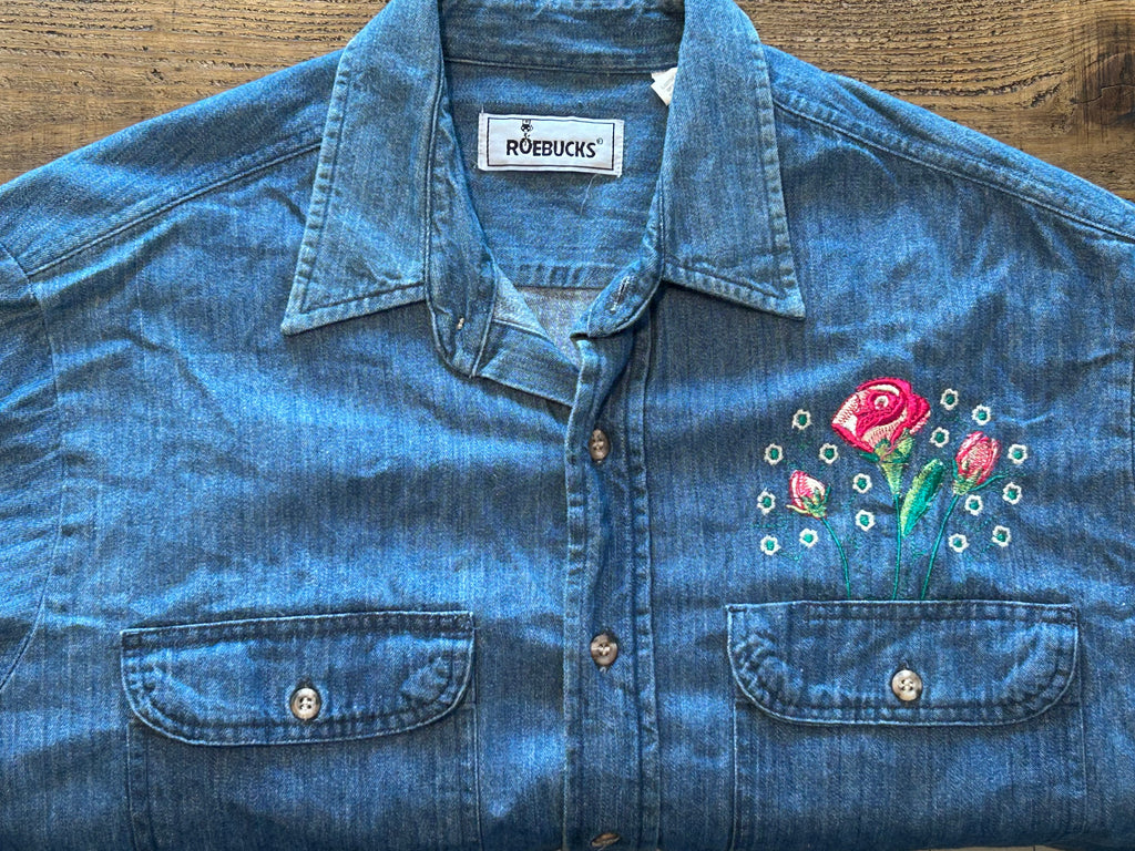 ★SEARSシアーズROEBUCKSローバックス60s70s80s90sヴィンテージ刺繍付インディゴデニムシャツＸＬ★古着屋オクトパスホールド★