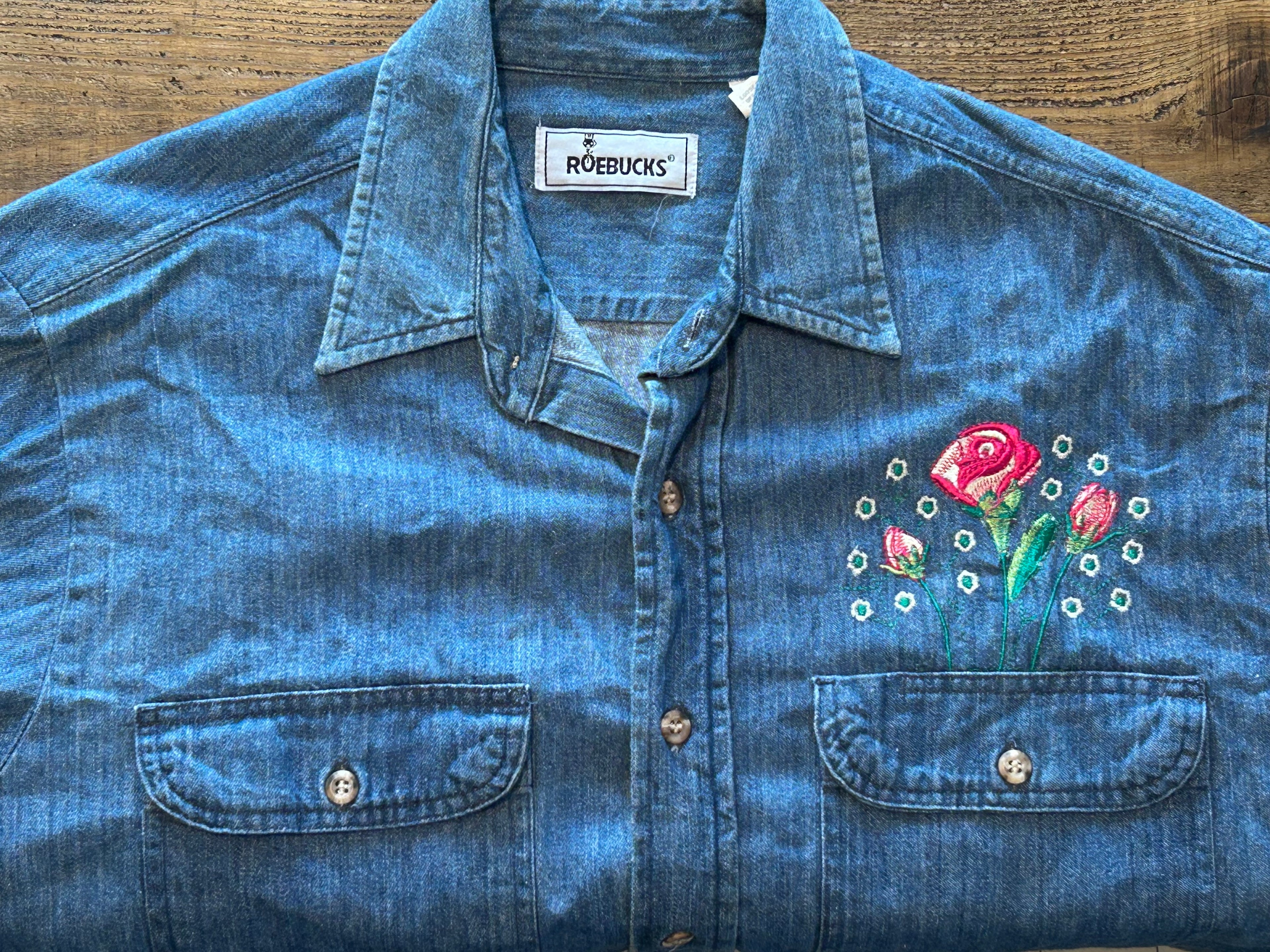 ★SEARSシアーズROEBUCKSローバックス60s70s80s90sヴィンテージ刺繍付インディゴデニムシャツＸＬ★古着屋オクトパスホールド★