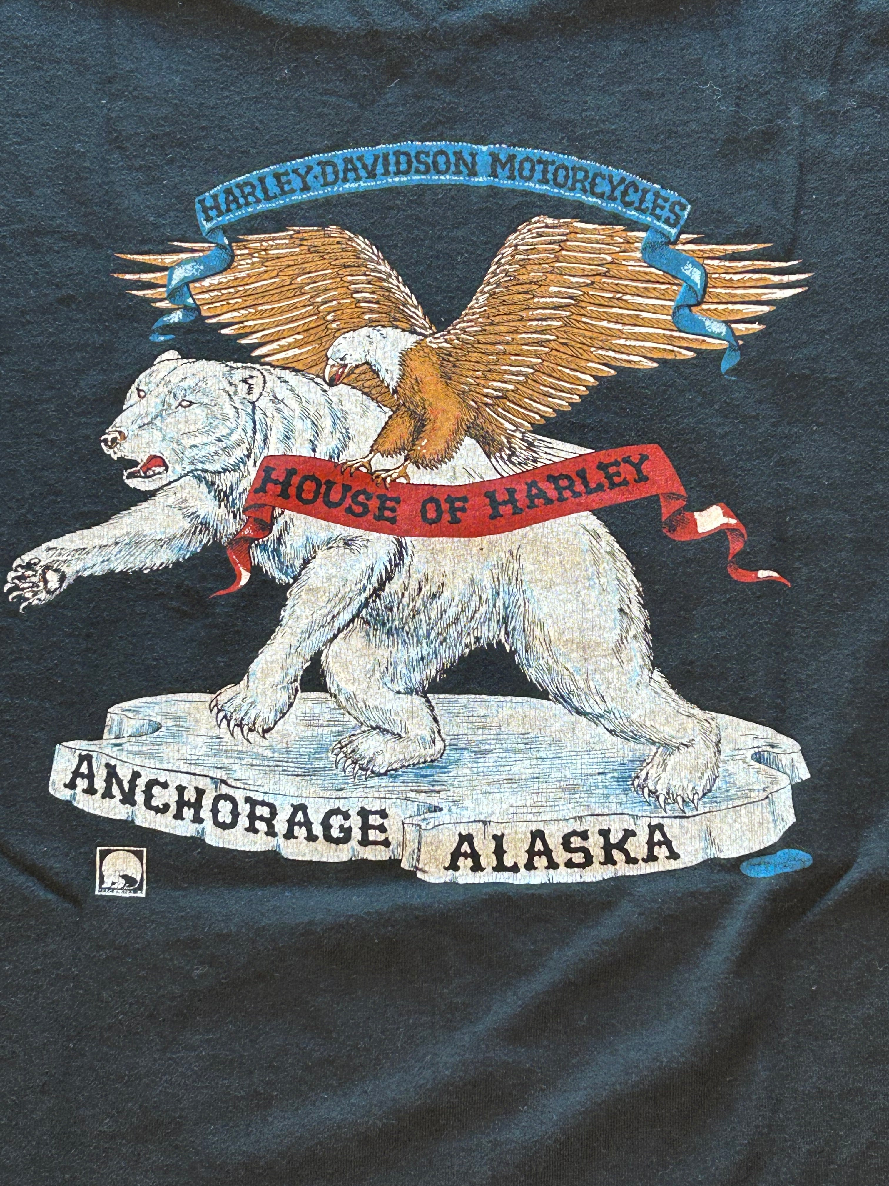 ★HARLEY DAVIDSONハーレーダビッドソンＵＳＡ製アメリカ製80s90sヴィンテージアラスカグリズリーＴシャツ黒Ｌ★古着屋オクトパスホールド★