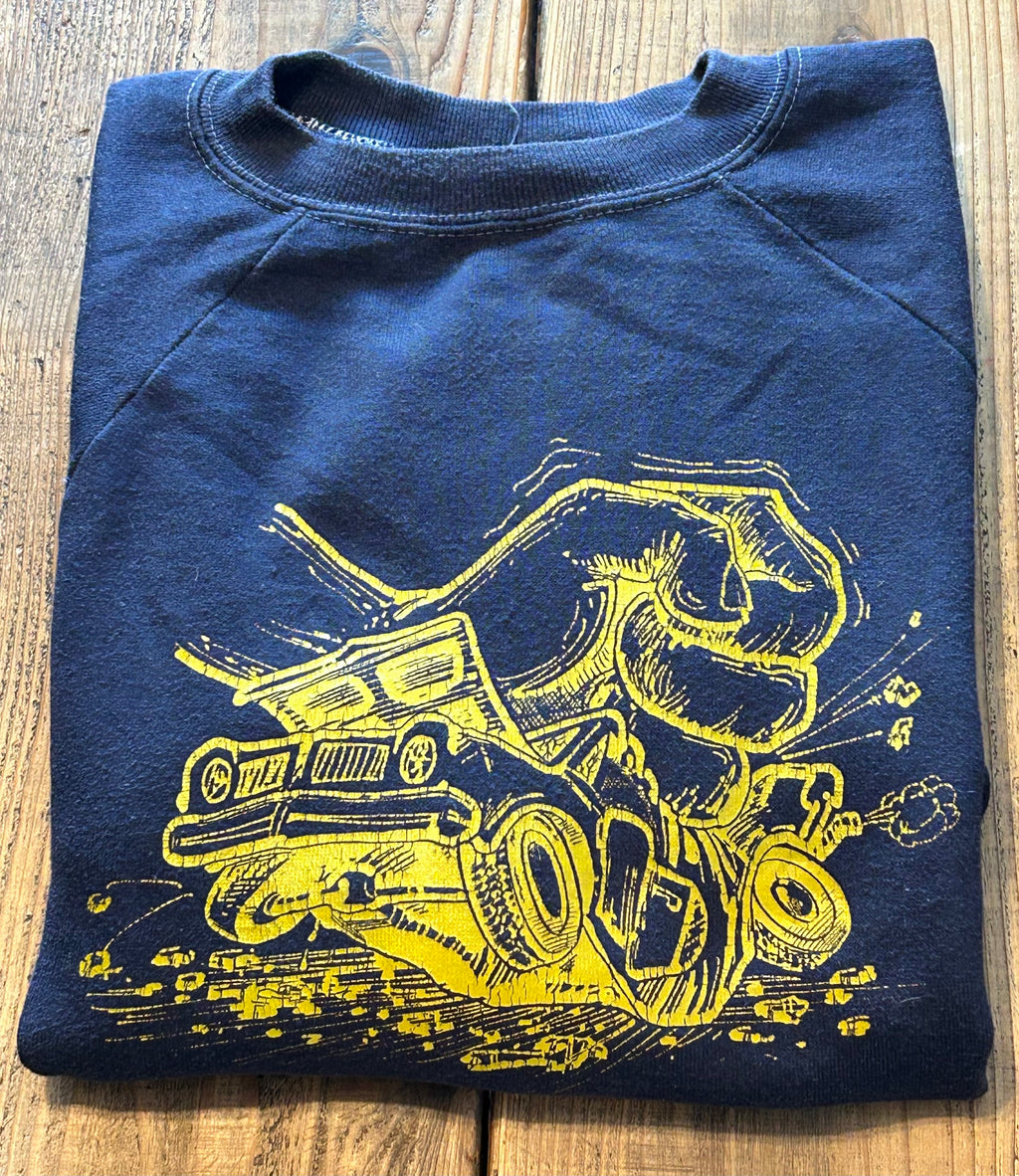 ★SPORTSWEARスポーツウェアRUSSELLラッセルＵＳＡ製アメリカ製ヴィンテージスクラップカープリントスウェットシャツ紺ネイビーＸＬ★古着屋オクトパスホールド★
