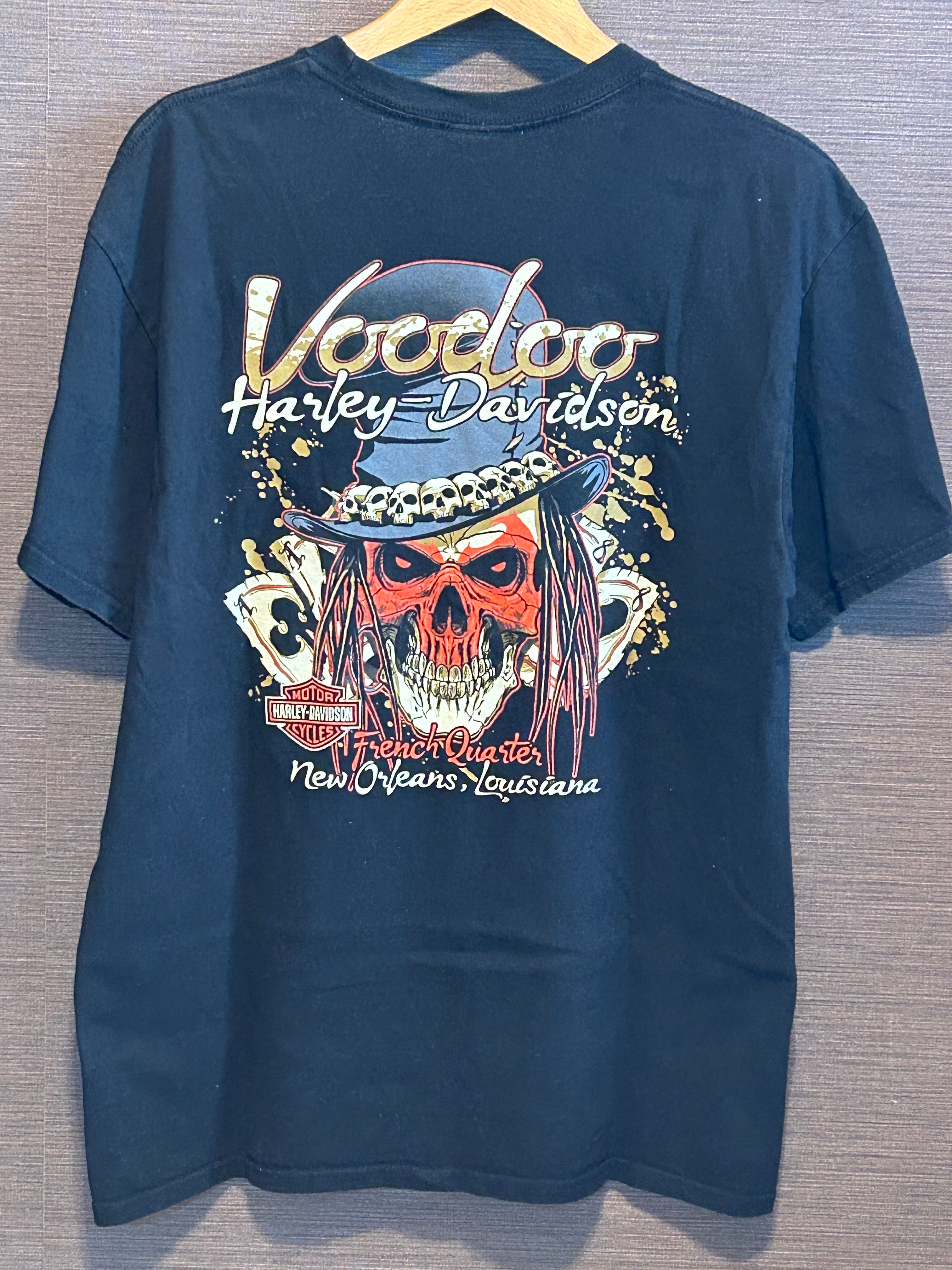 ★HARLEY DAVIDSONハーレーダビッドソンスカル＆トランプ＆ブードゥー教プリントＴシャツ黒ブラックＬ★古着屋オクトパスホールド★