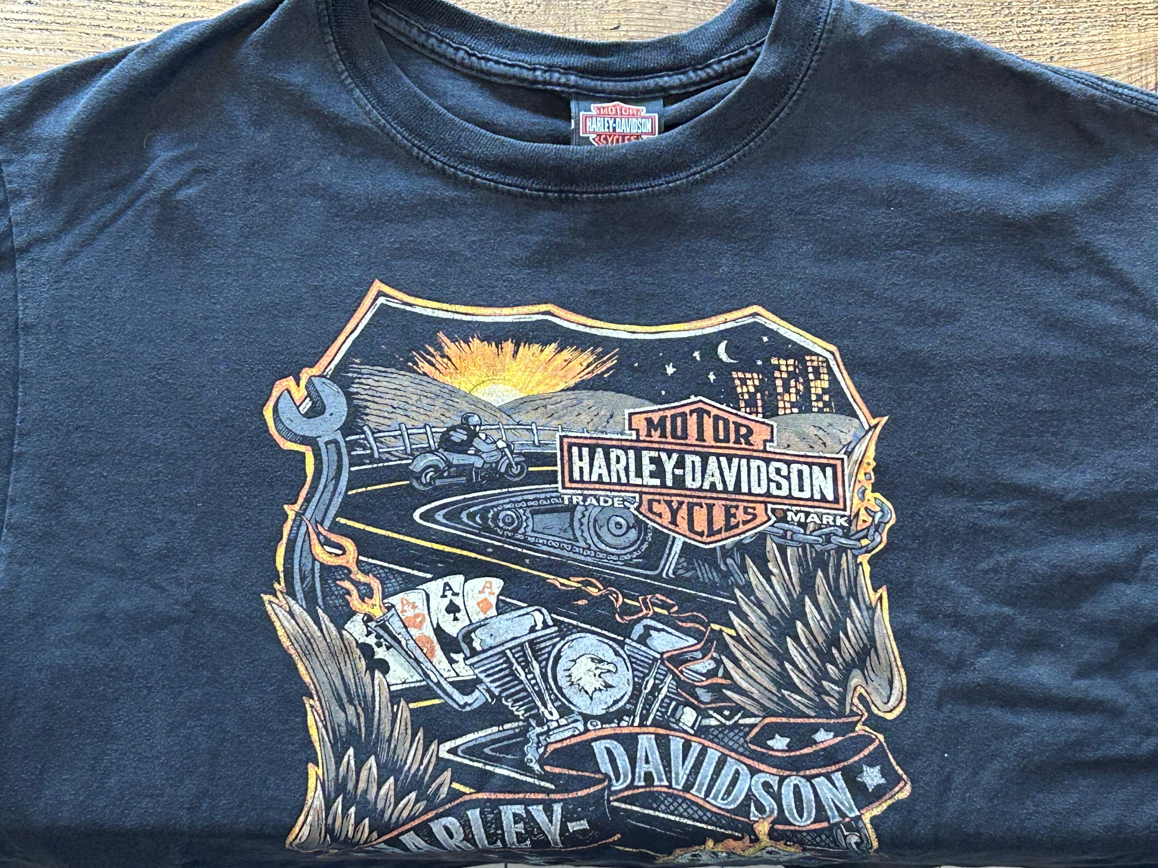 ★HARLEY DAVIDSONハーレーダビッドソンＵＳＡ製アメリカ製ヴィンテージスカルウイングＴシャツ黒ブラックＬ★古着屋オクトパスホールド★