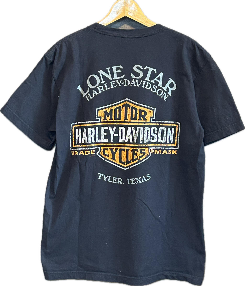 ★HARLEY DAVIDSONハーレーダビッドソンＵＳＡ製アメリカ製レッドスカル＆ローンスターＴシャツ黒ブラックＬ★古着屋オクトパスホールド★