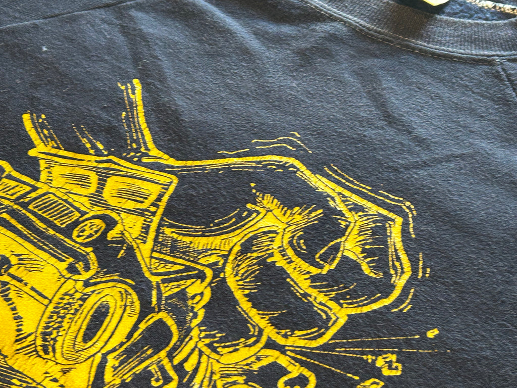 ★SPORTSWEARスポーツウェアRUSSELLラッセルＵＳＡ製アメリカ製ヴィンテージスクラップカープリントスウェットシャツ紺ネイビーＸＬ★古着屋オクトパスホールド★
