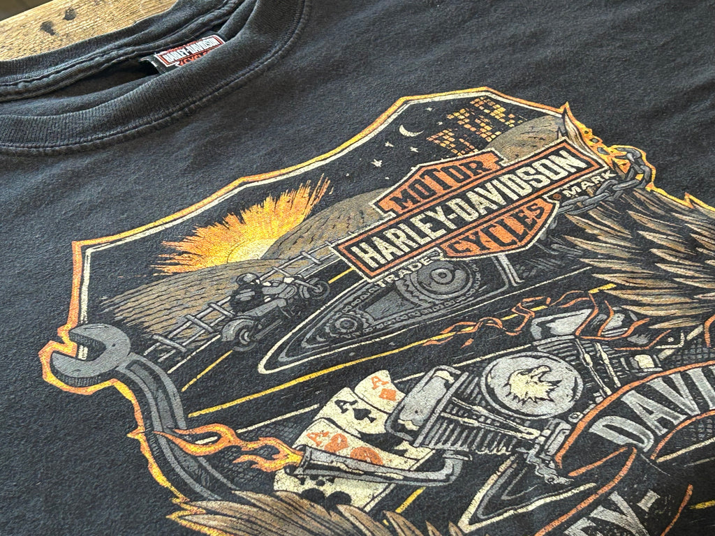 ★HARLEY DAVIDSONハーレーダビッドソンＵＳＡ製アメリカ製ヴィンテージスカルウイングＴシャツ黒ブラックＬ★古着屋オクトパスホールド★