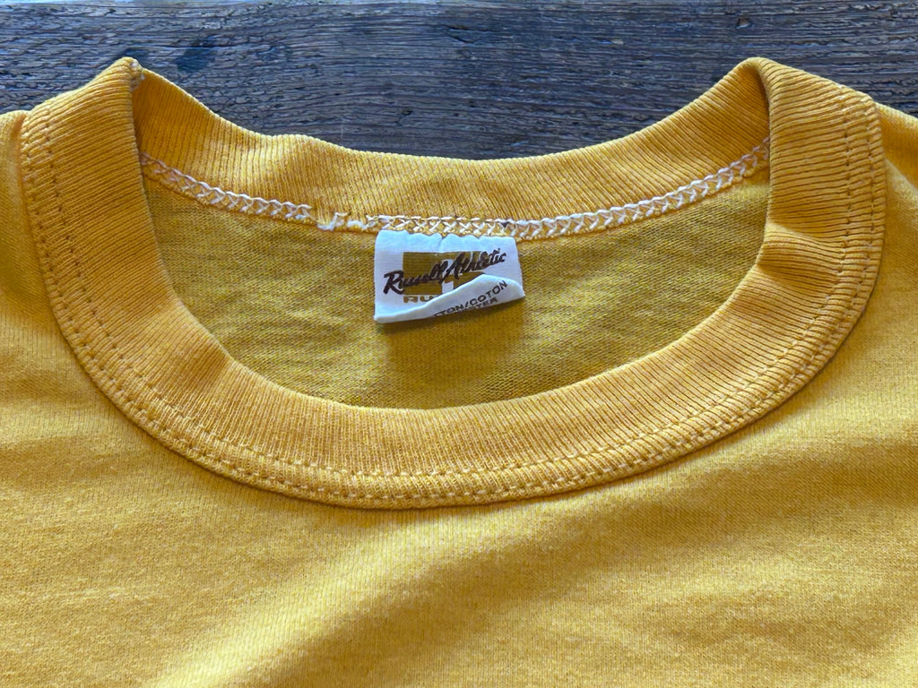 ★RUSSELLラッセルＵＳＡ製アメリカ製ヴィンテージカレッジプリントＴシャツ黄イエローＬ★ミリタリーアメカジ古着屋オクトパスホールド★