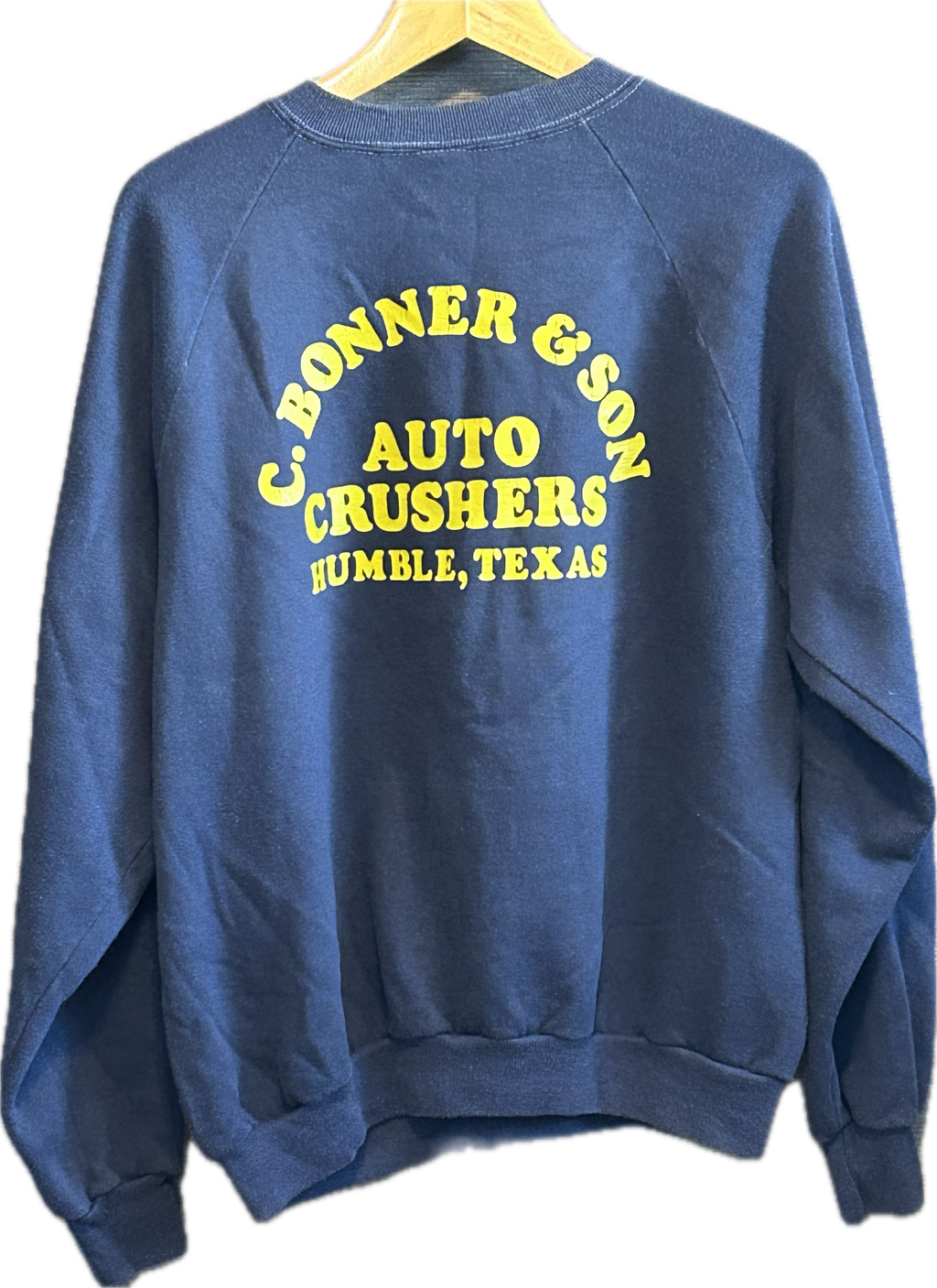 ★SPORTSWEARスポーツウェアRUSSELLラッセルＵＳＡ製アメリカ製ヴィンテージスクラップカープリントスウェットシャツ紺ネイビーＸＬ★古着屋オクトパスホールド★