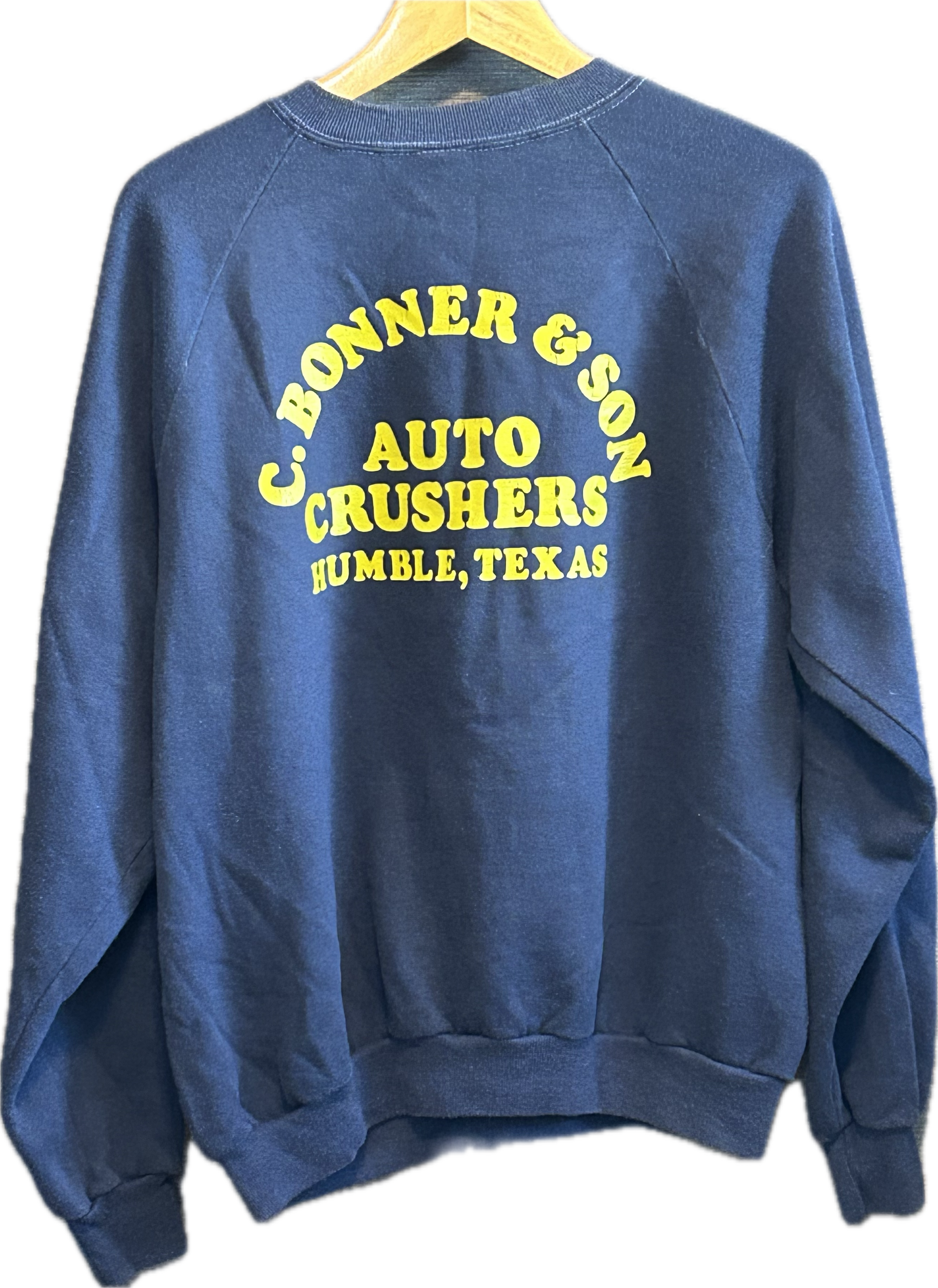 ★SPORTSWEARスポーツウェアRUSSELLラッセルＵＳＡ製アメリカ製ヴィンテージスクラップカープリントスウェットシャツ紺ネイビーＸＬ★古着屋オクトパスホールド★